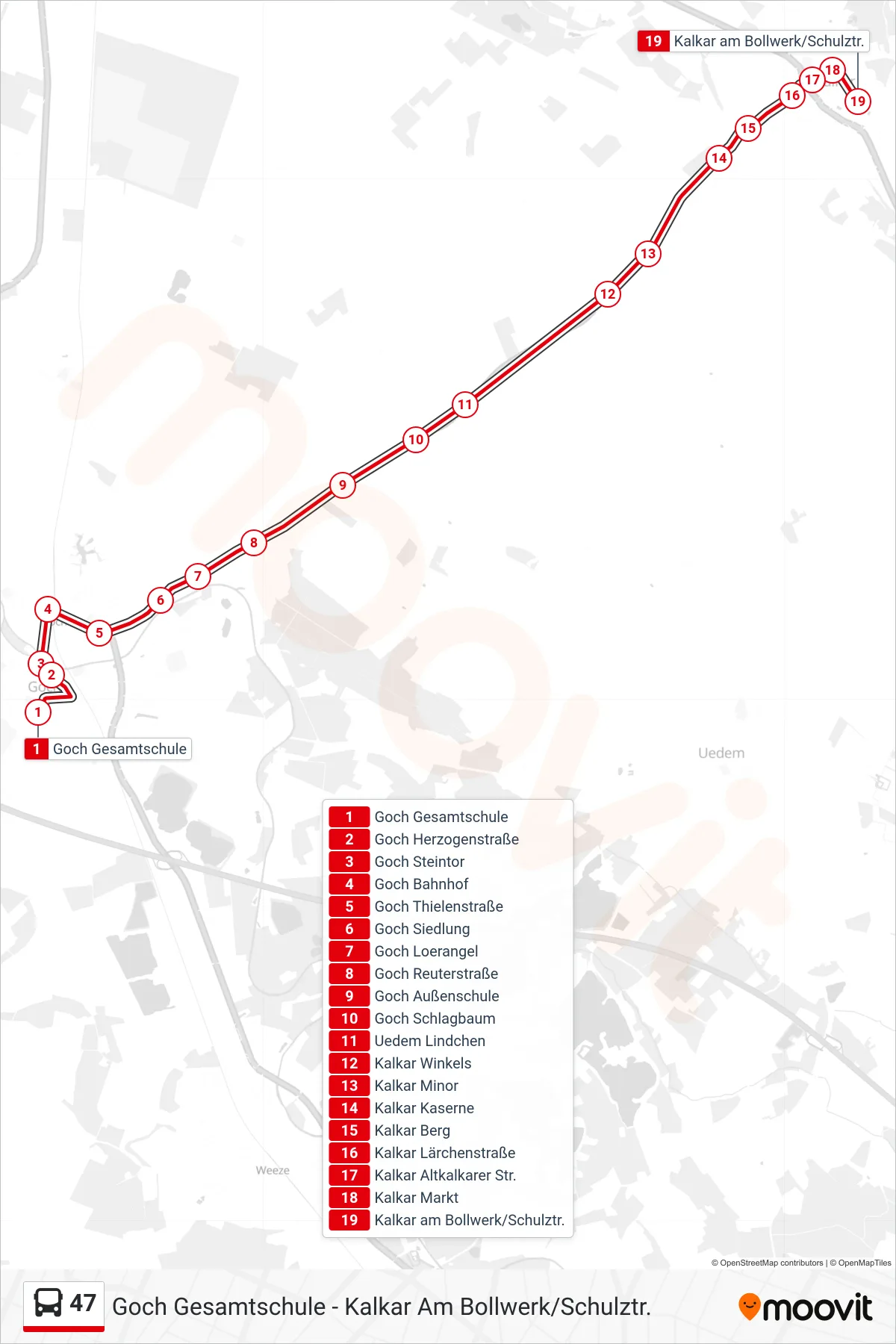 Linie 47 (Bus) Richtung Kalkar am Bollwerk/Schulztr.: Route und Haltestellen auf der Karte