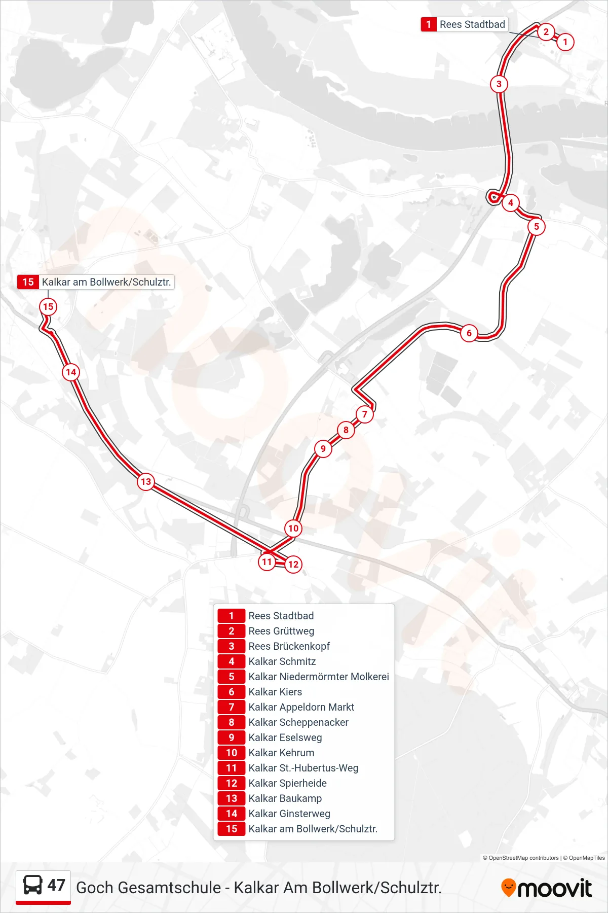 Linie 47 (Bus) Richtung Kalkar am Bollwerk/Schulztr.: Route und Haltestellen auf der Karte
