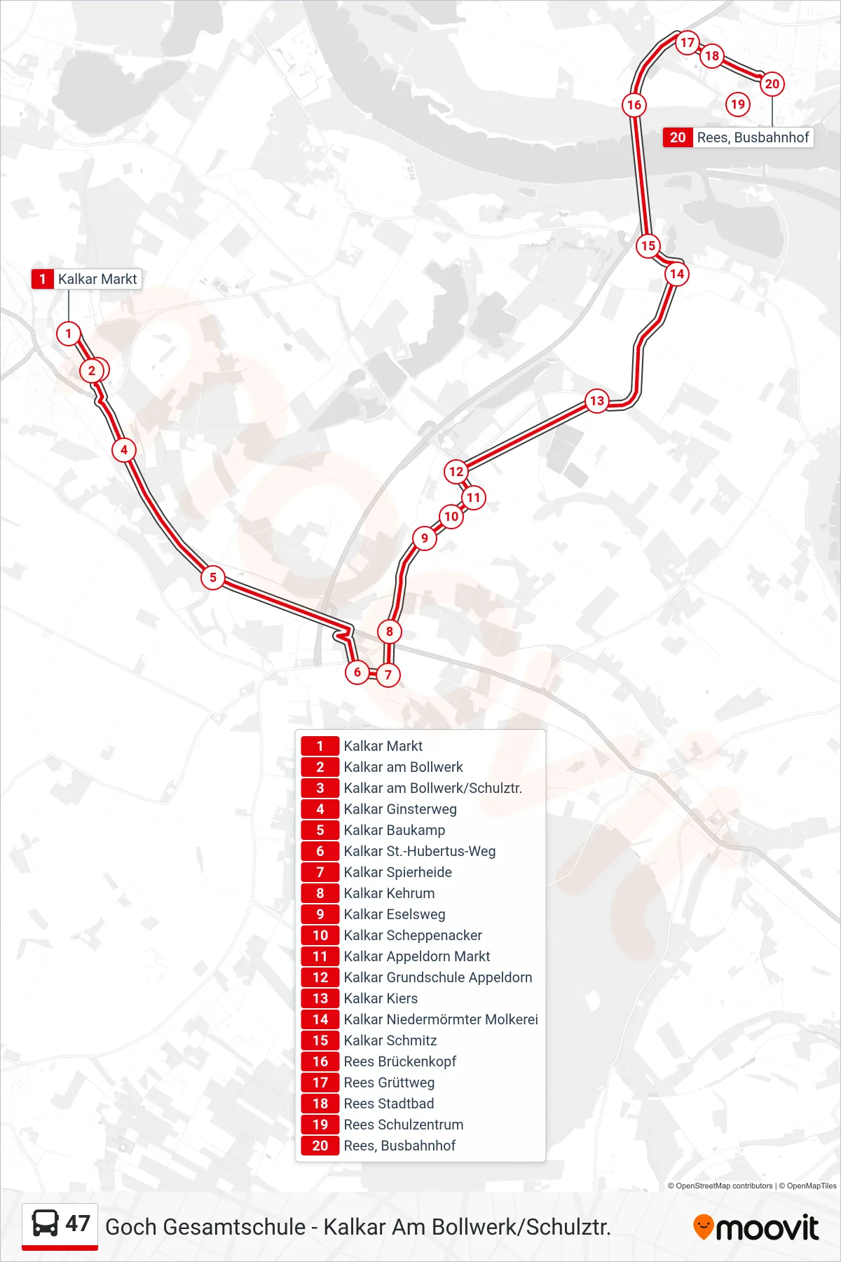47 bus Line (Rees Busbahnhof) route and stops on a map