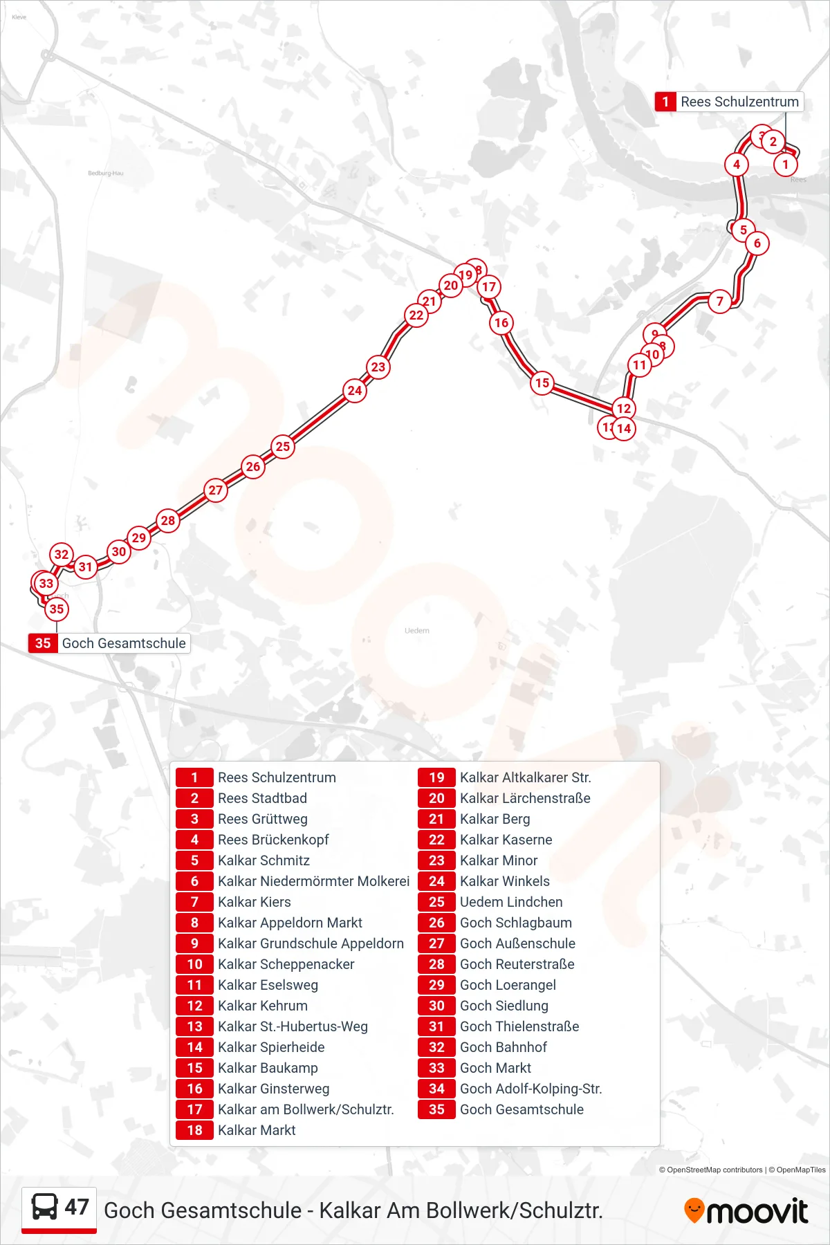 47 bus Line (Goch Gesamtschule) route and stops on a map
