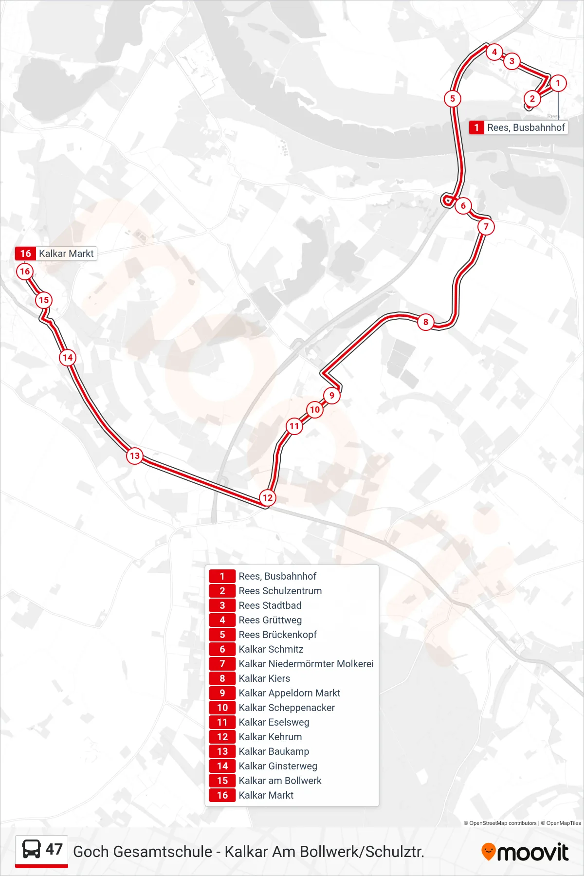 47 bus Line (Kalkar Markt) route and stops on a map