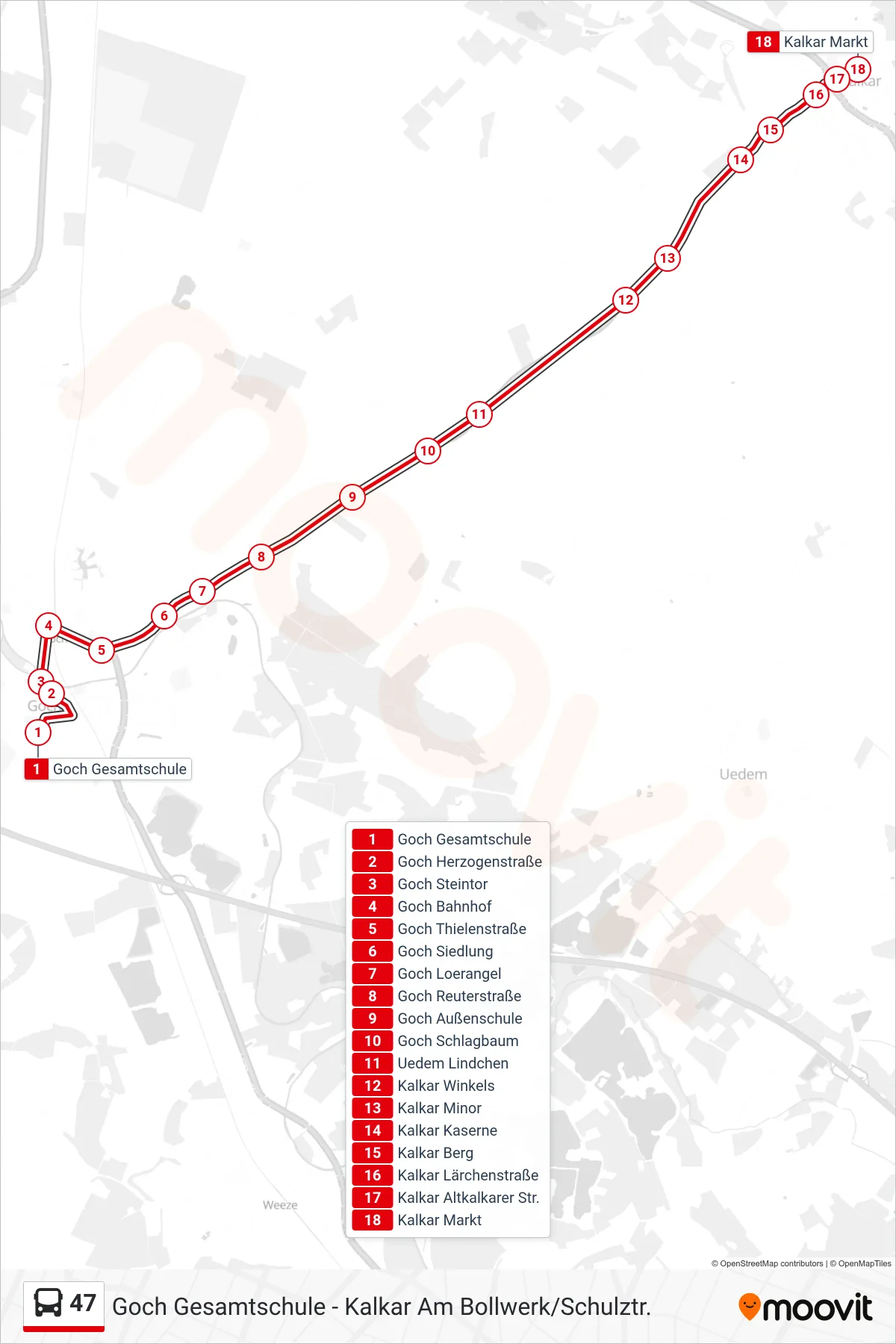 47 bus Line (Kalkar Markt) route and stops on a map