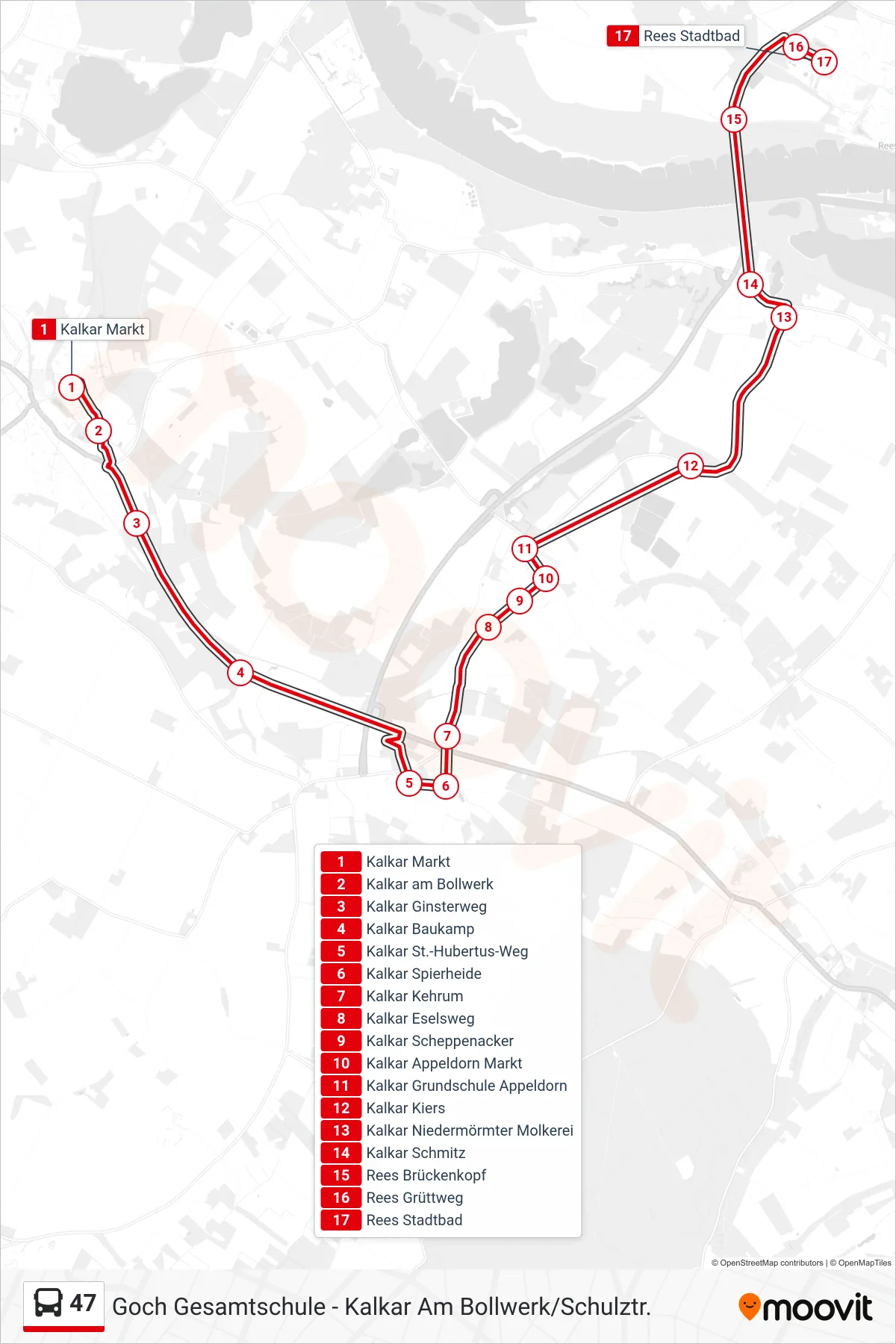 Linie 47 (Bus) Richtung Rees Stadtbad: Route und Haltestellen auf der Karte