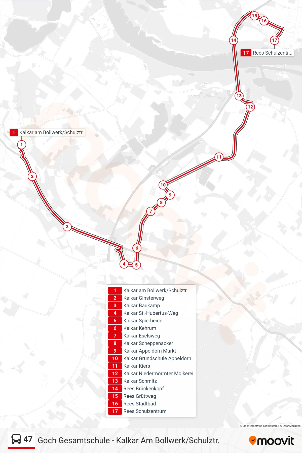 Linie 47 (Bus) Richtung Rees Schulzentrum: Route und Haltestellen auf der Karte