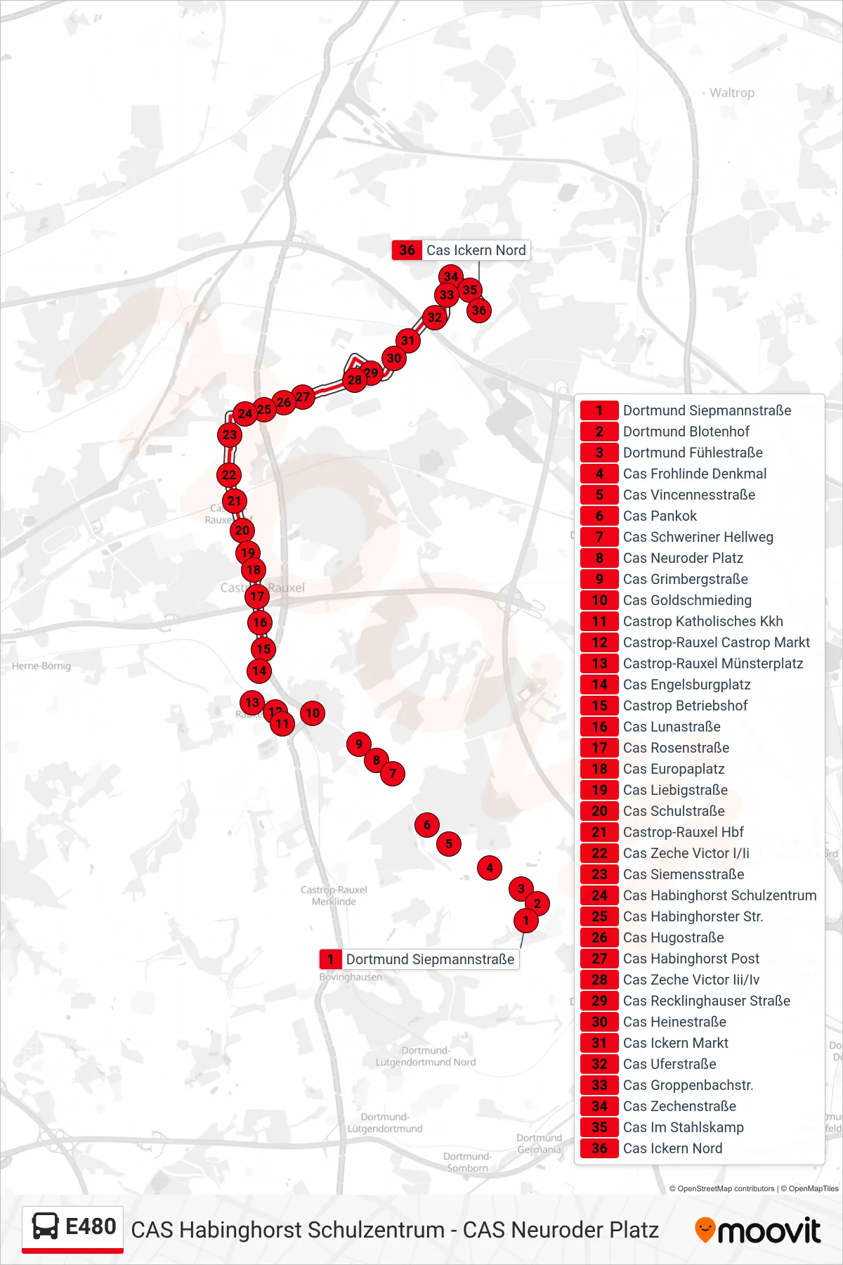 E480 bus Line (Cas Ickern Nord) route and stops on a map