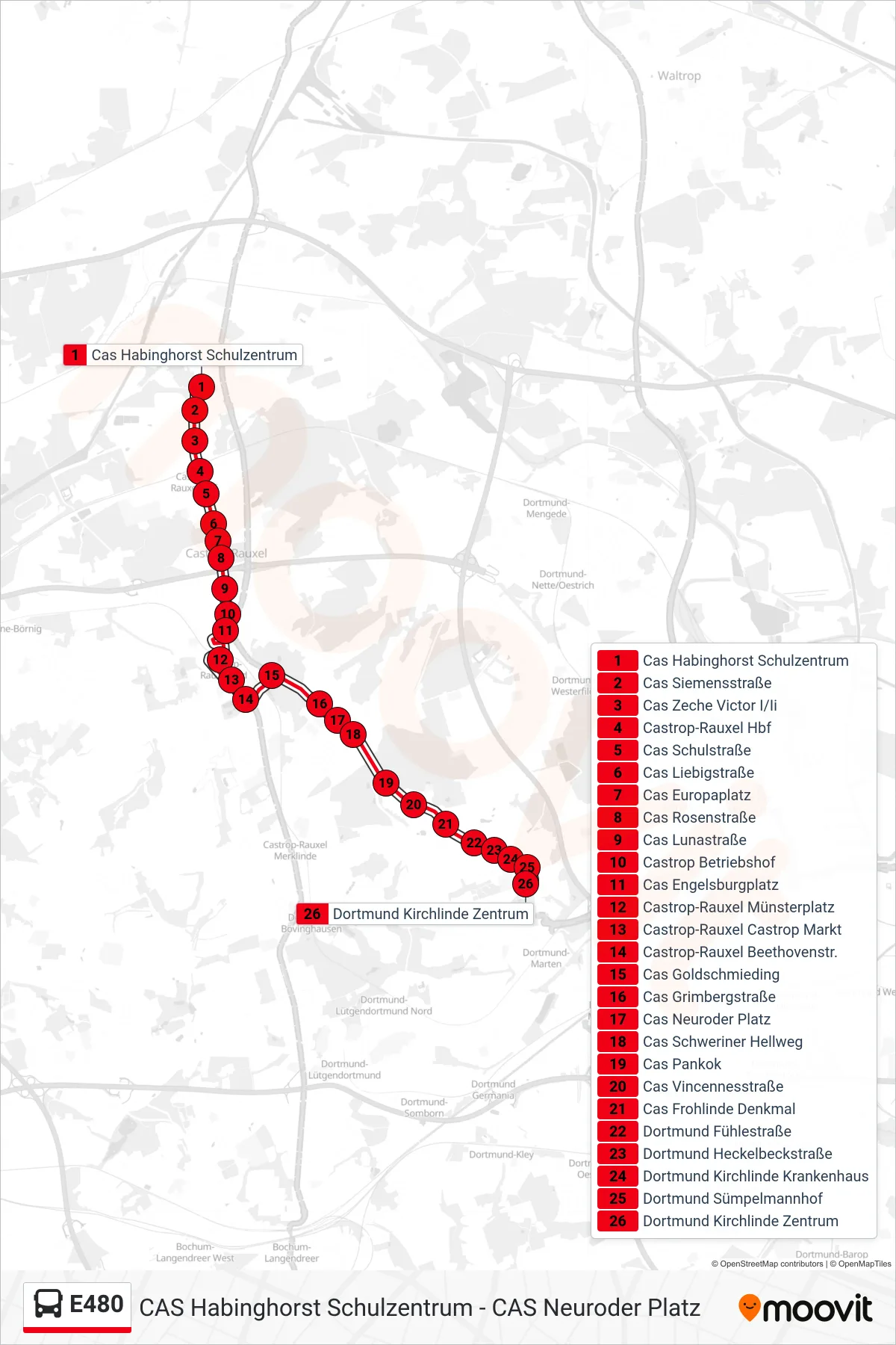 Linie E480 (Bus) Richtung Dortmund Kirchlinde Zentrum: Route und Haltestellen auf der Karte