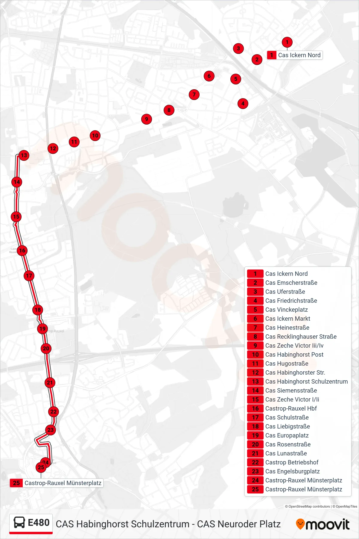 Linie E480 (Bus) Richtung Castrop-Rauxel Münsterplatz: Route und Haltestellen auf der Karte
