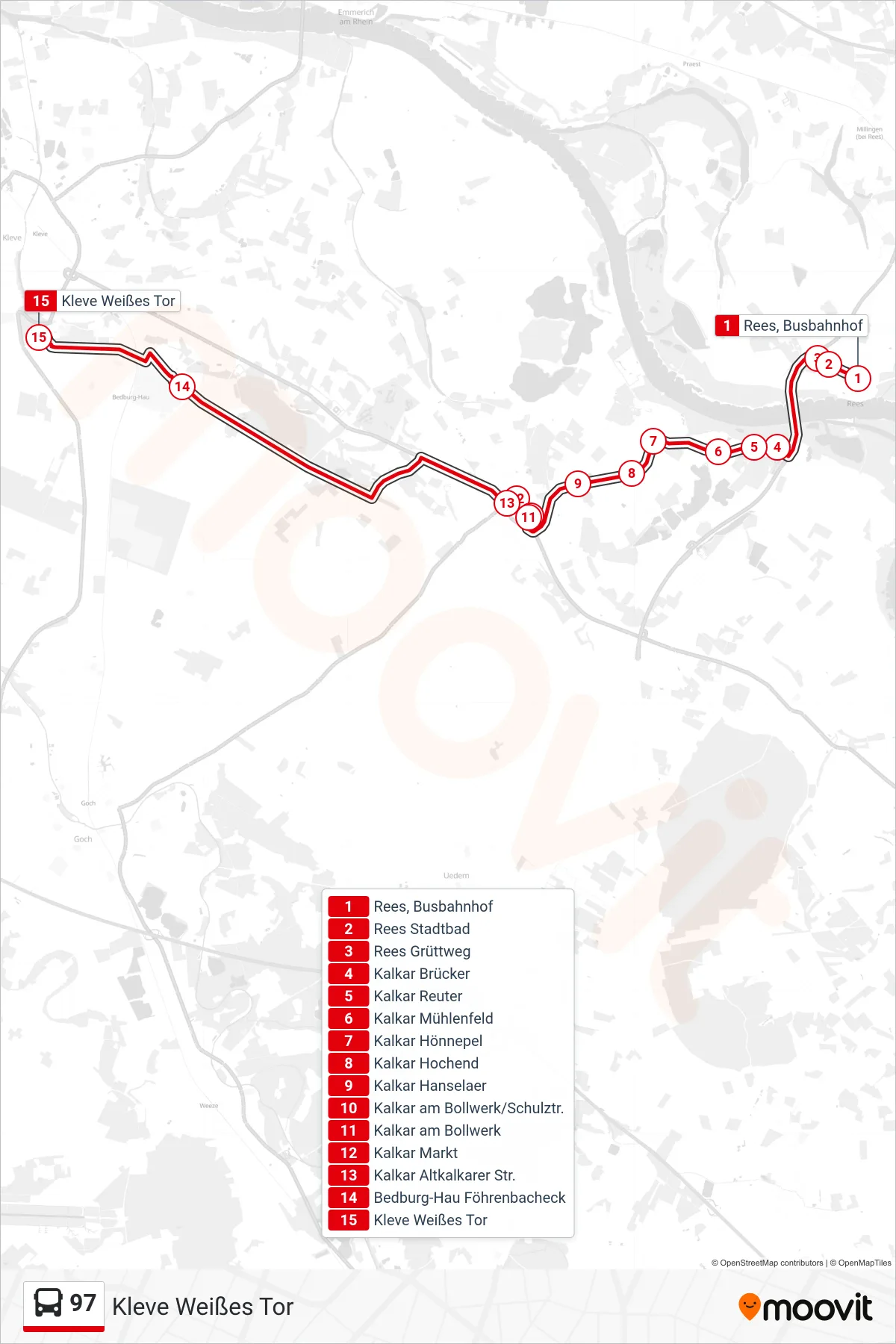 Linie 97 (Bus) Richtung Kleve Weißes Tor: Route und Haltestellen auf der Karte