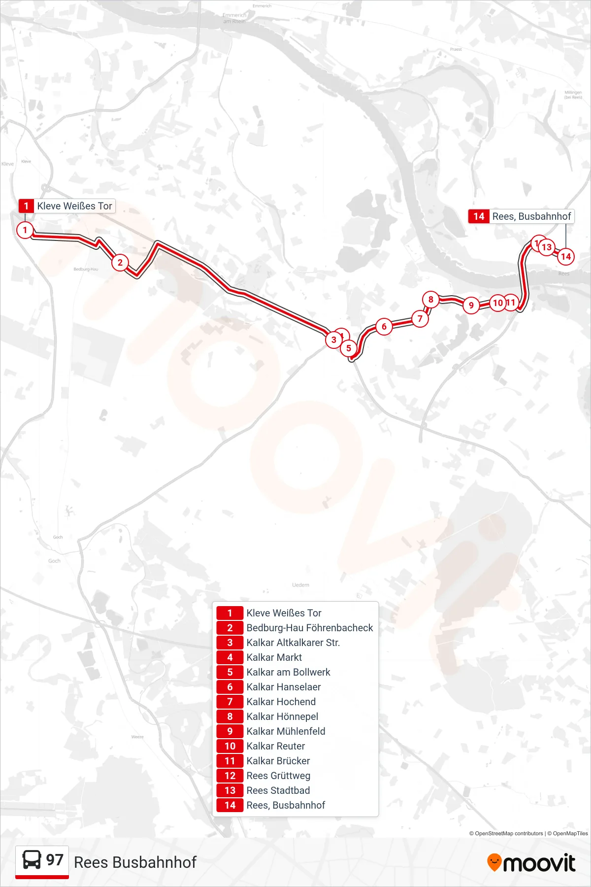 Linie 97 (Bus) Richtung Rees Busbahnhof: Route und Haltestellen auf der Karte