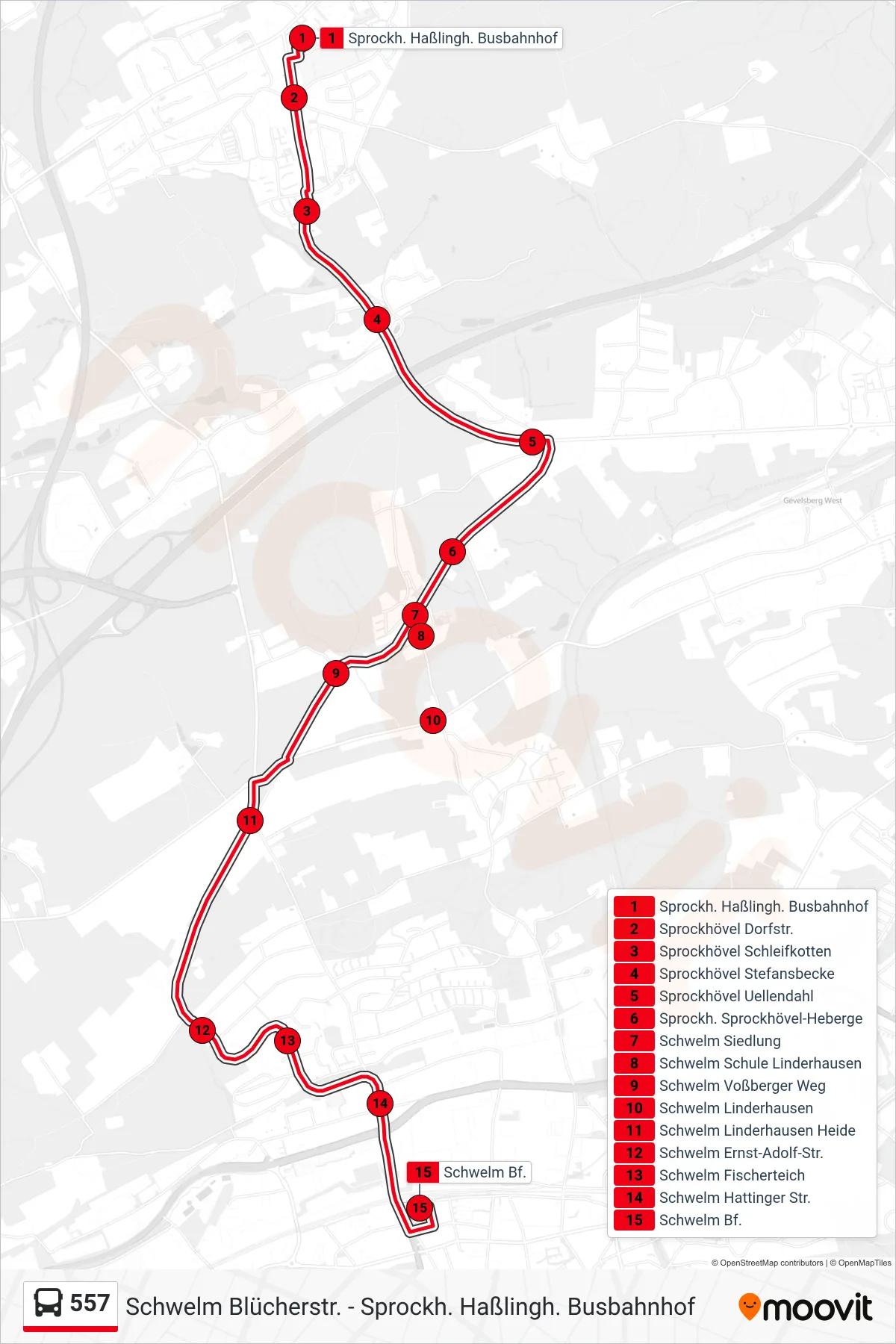 557 bus Line (Schwelm Bf.) route and stops on a map