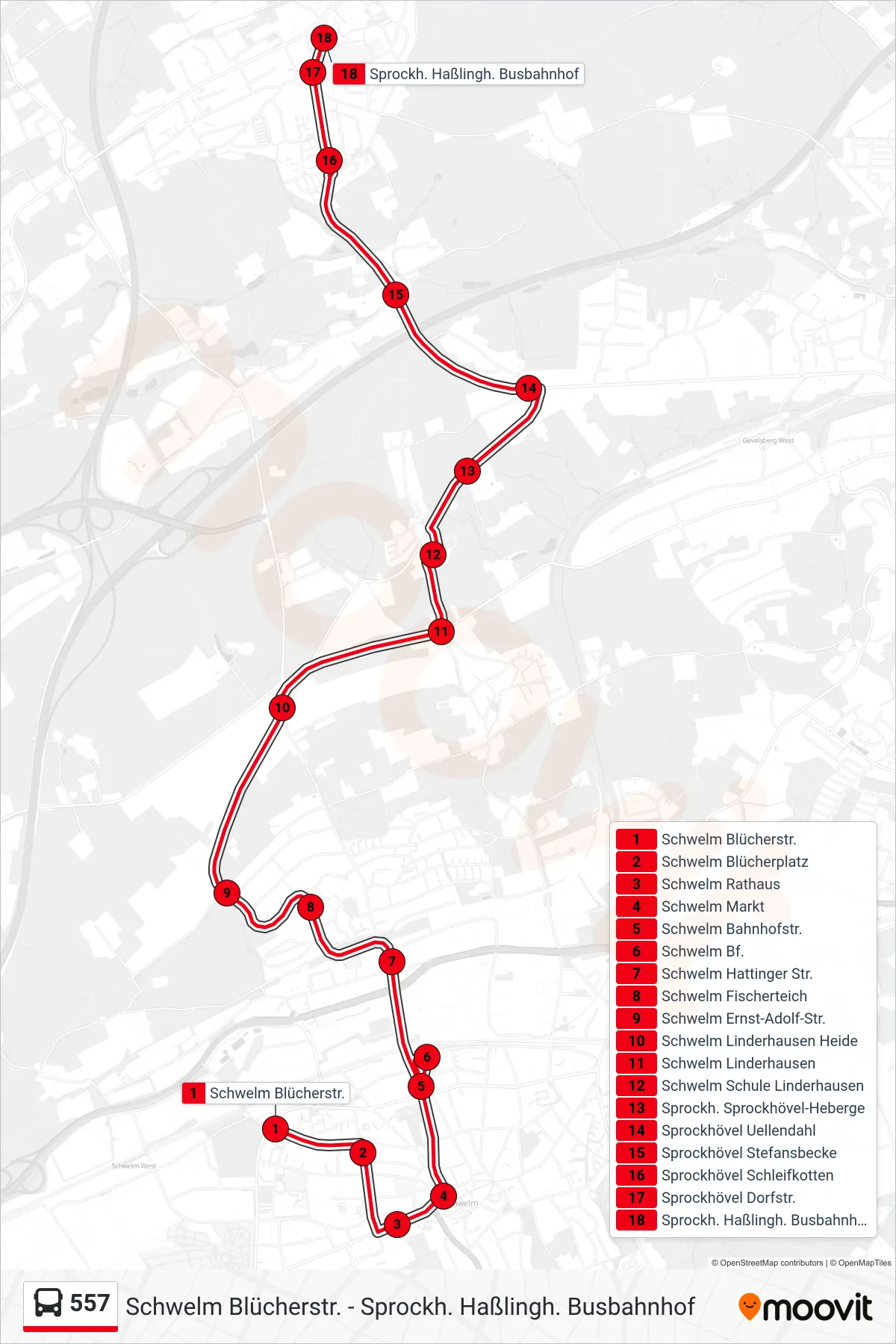 Linie 557 (Bus) Richtung Sprockh. Haßlingh. Busbahnhof: Route und Haltestellen auf der Karte