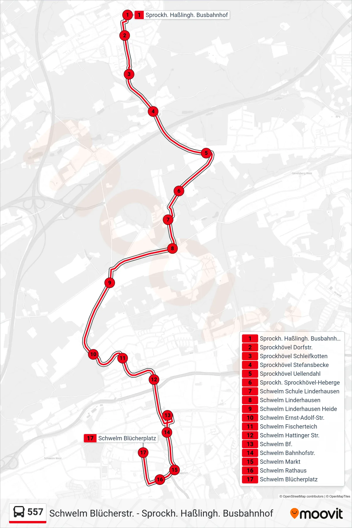 557 bus Line (Schwelm Blücherplatz) route and stops on a map