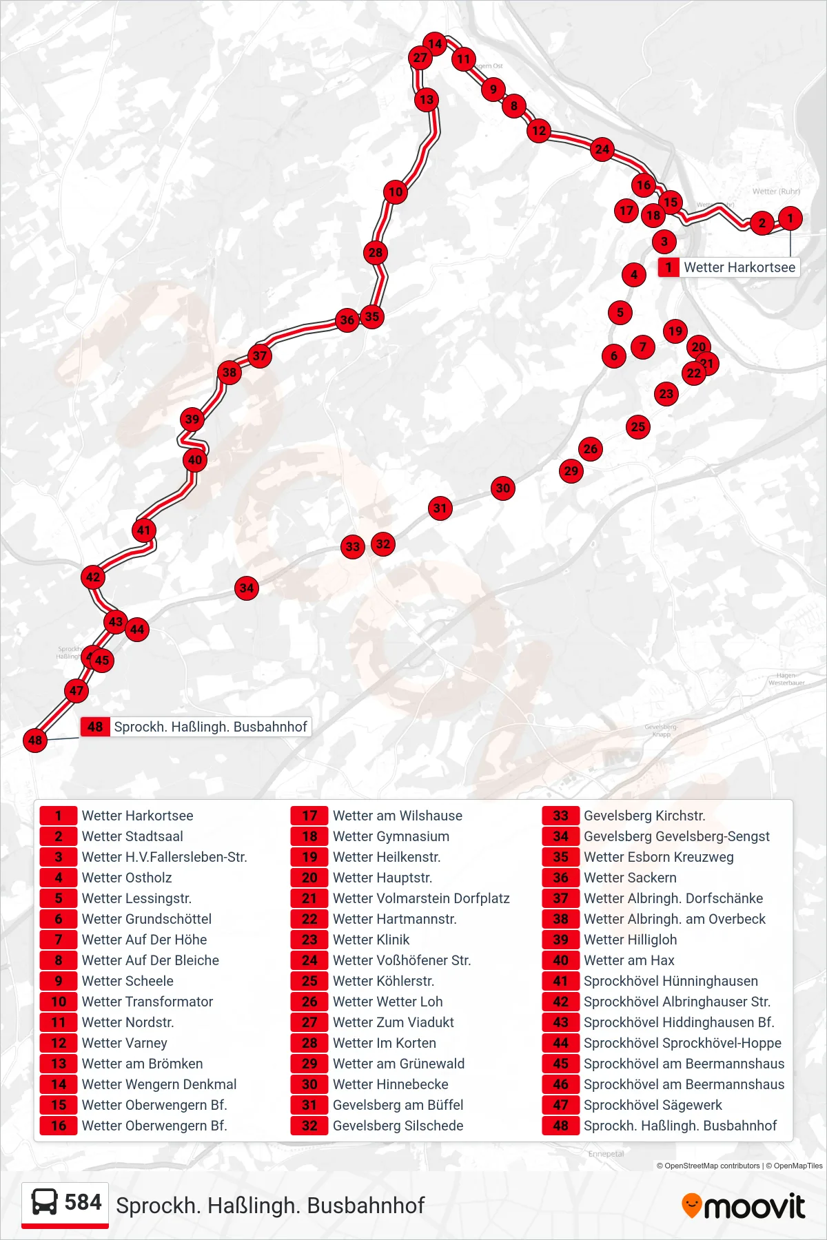 584 bus Line (Sprockh. Haßlingh. Busbahnhof) route and stops on a map