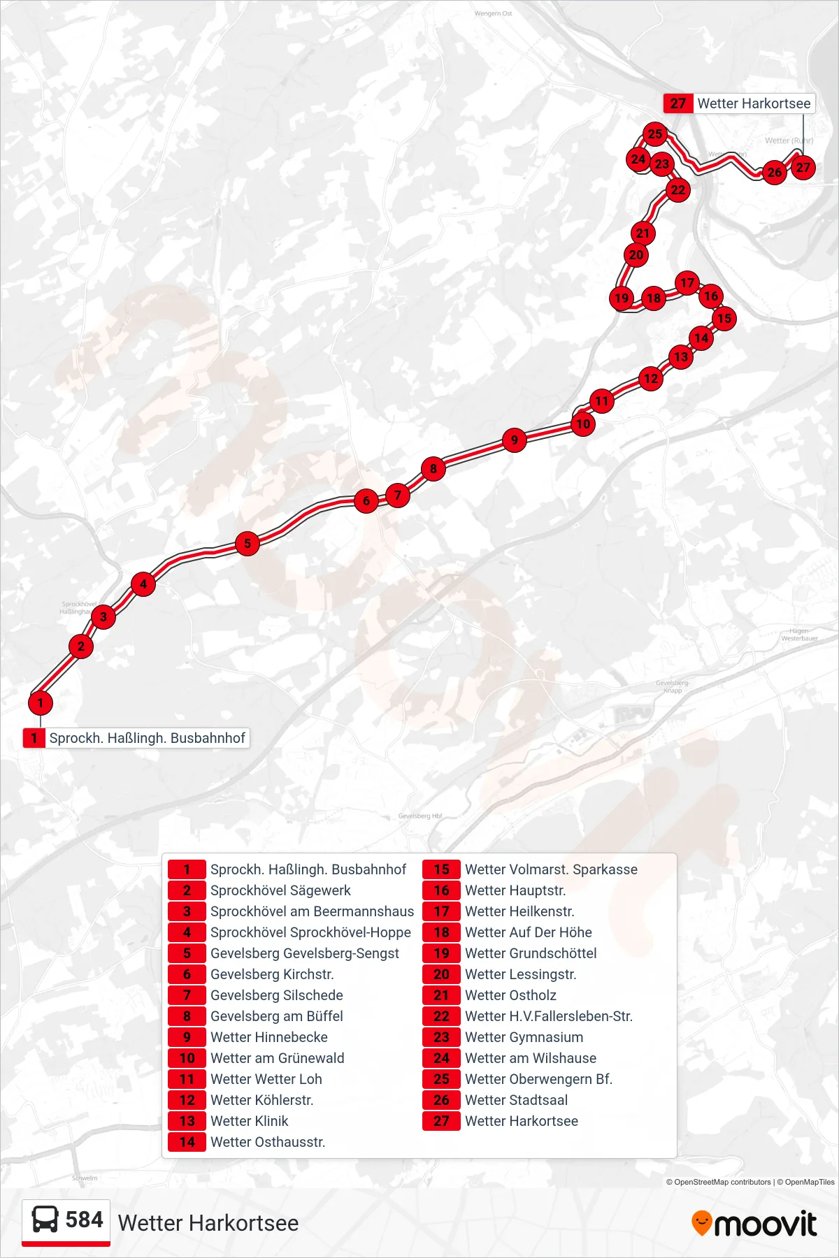 Linie 584 (Bus) Richtung Wetter Harkortsee: Route und Haltestellen auf der Karte