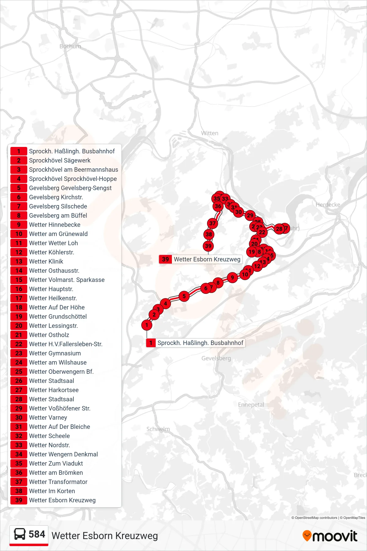 584 bus Line (Wetter Esborn Kreuzweg) route and stops on a map