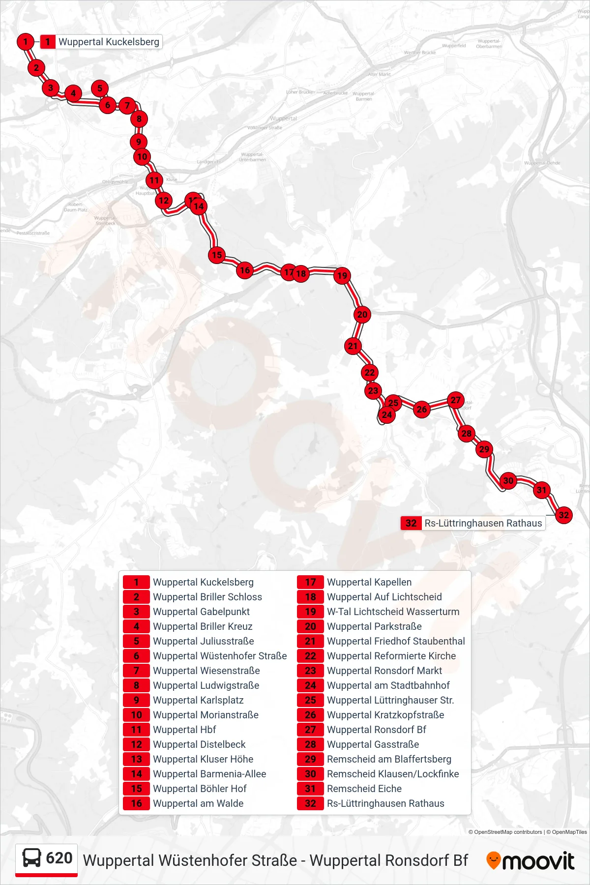 Linie 620 (Bus) Richtung Remscheid Lüttringhausen Rathaus: Route und Haltestellen auf der Karte