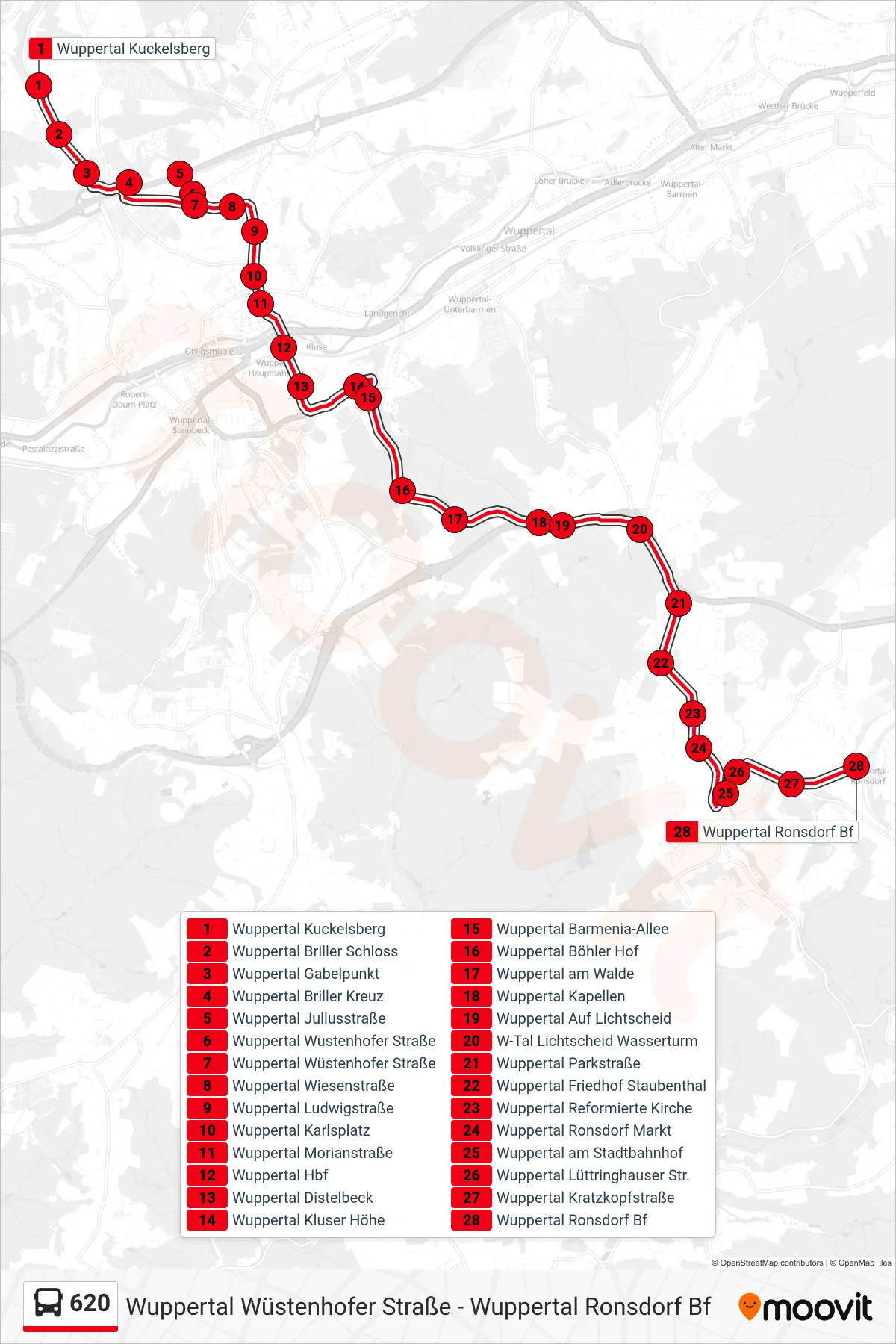 Linie 620 (Bus) Richtung Wuppertal Ronsdorf Bf: Route und Haltestellen auf der Karte