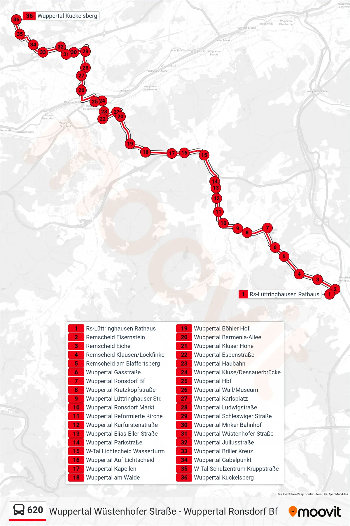 620 bus Line (Wuppertal Kuckelsberg) route and stops on a map