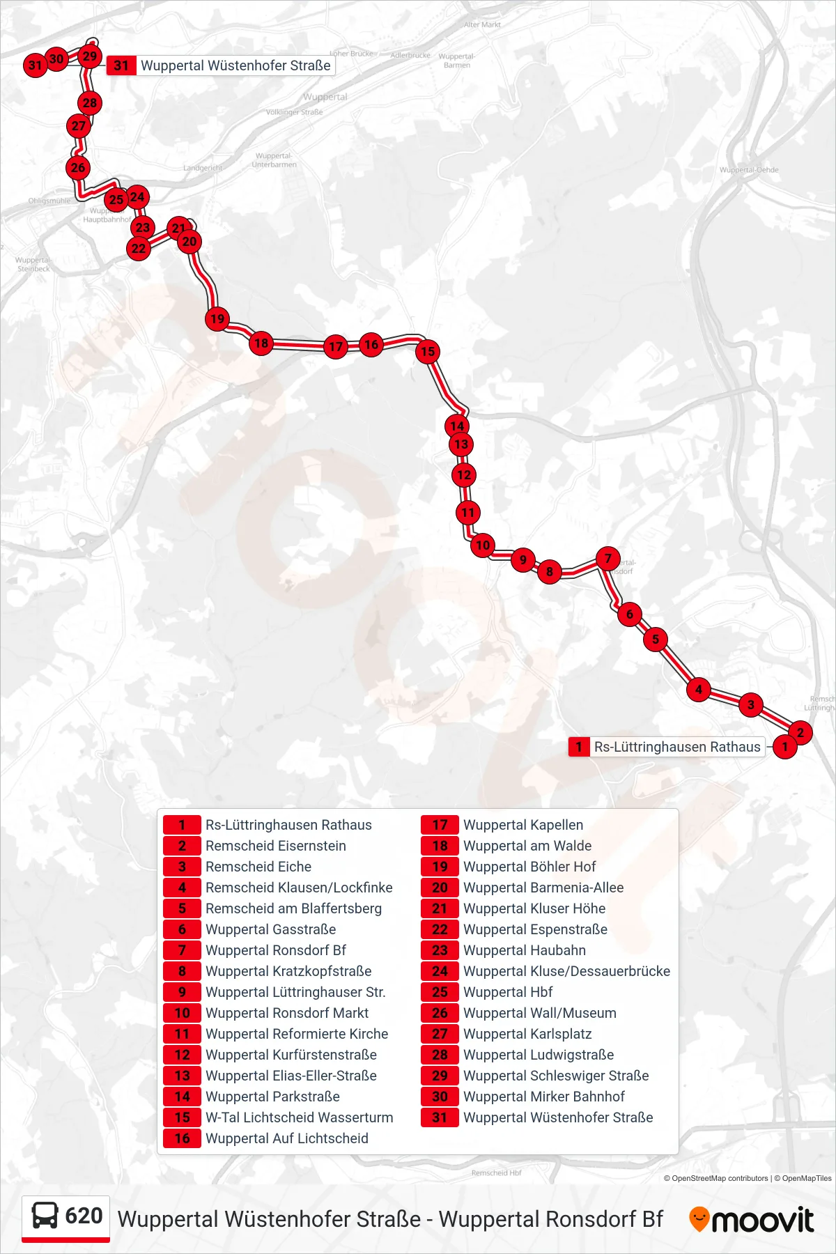 Linie 620 (Bus) Richtung Wuppertal Wüstenhofer Straße: Route und Haltestellen auf der Karte