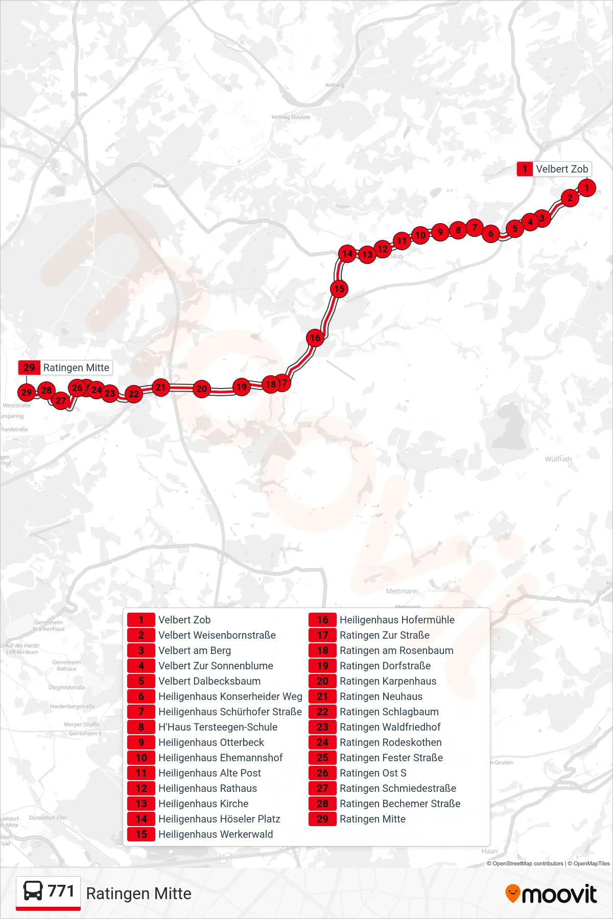 Linie 771 (Bus) Richtung Ratingen Mitte: Route und Haltestellen auf der Karte