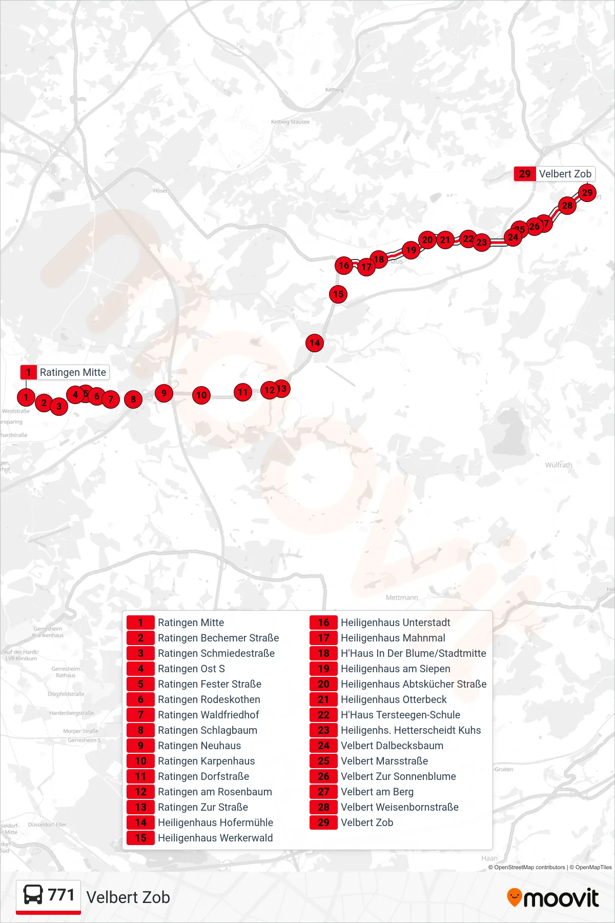 Linie 771 (Bus) Richtung Velbert Zob: Route und Haltestellen auf der Karte