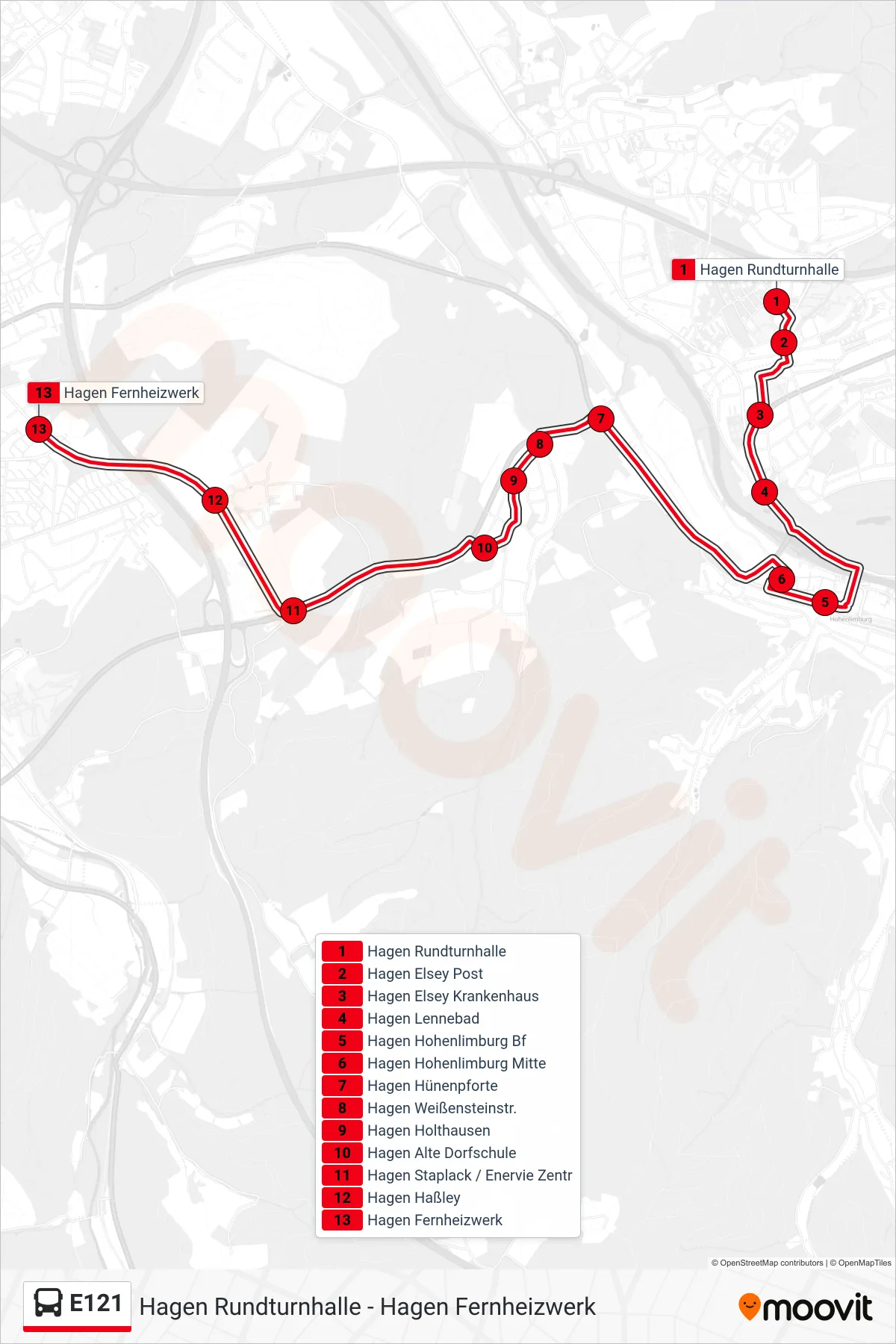 Linie E121 (Bus) Richtung Hagen Fernheizwerk: Route und Haltestellen auf der Karte