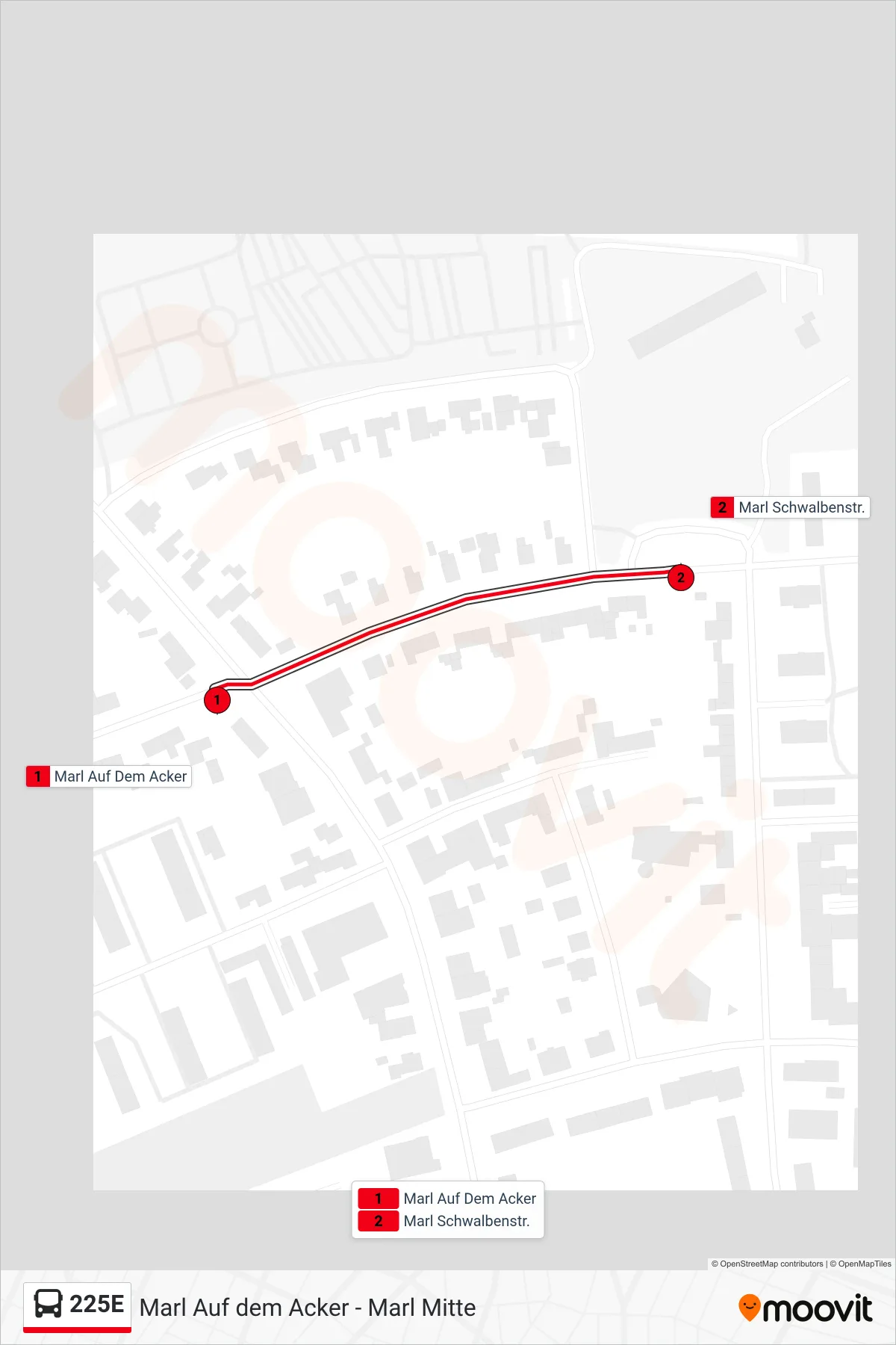225E bus Line (Marl Schwalbenstr.) route and stops on a map