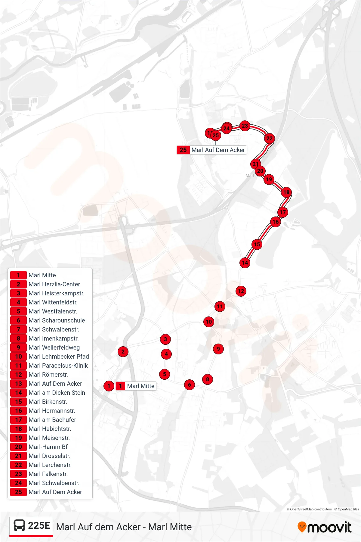 225E bus Line (Marl Auf Dem Acker) route and stops on a map