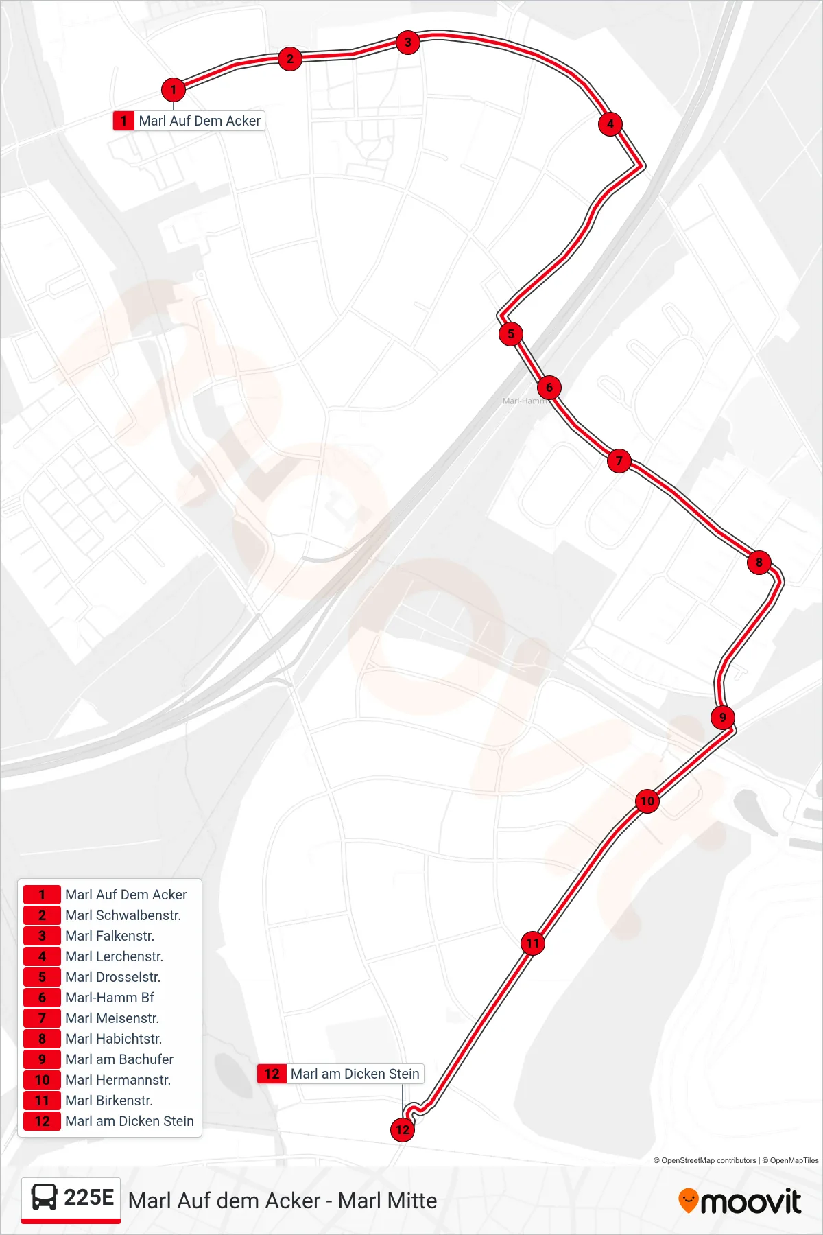 225E bus Line (Marl am Dicken Stein) route and stops on a map