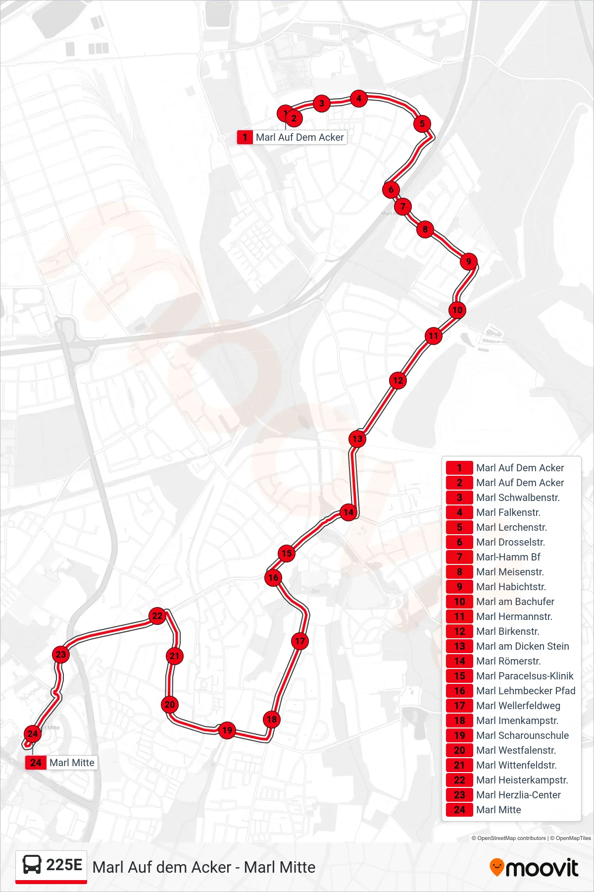 225E bus Line (Marl Mitte) route and stops on a map