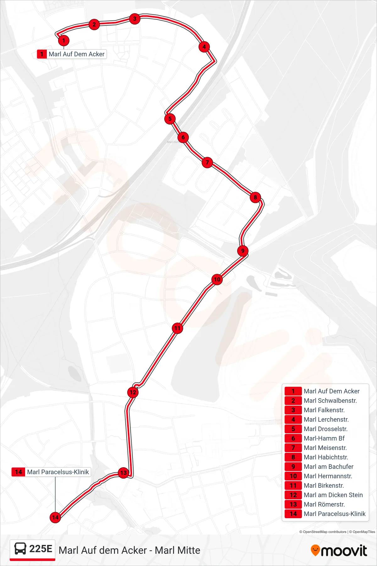 Linie 225E (Bus) Richtung Marl Paracelsus-Klinik: Route und Haltestellen auf der Karte