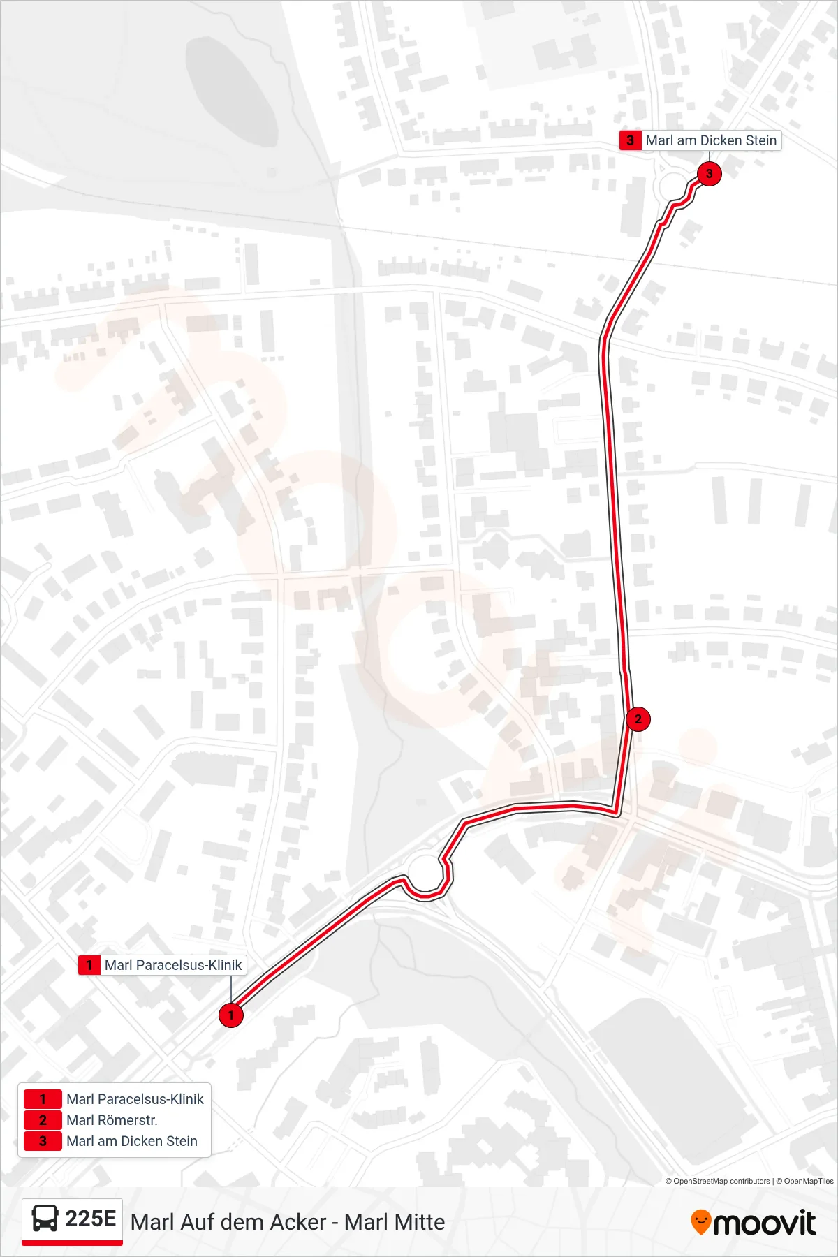 225E bus Line (Marl am Dicken Stein) route and stops on a map