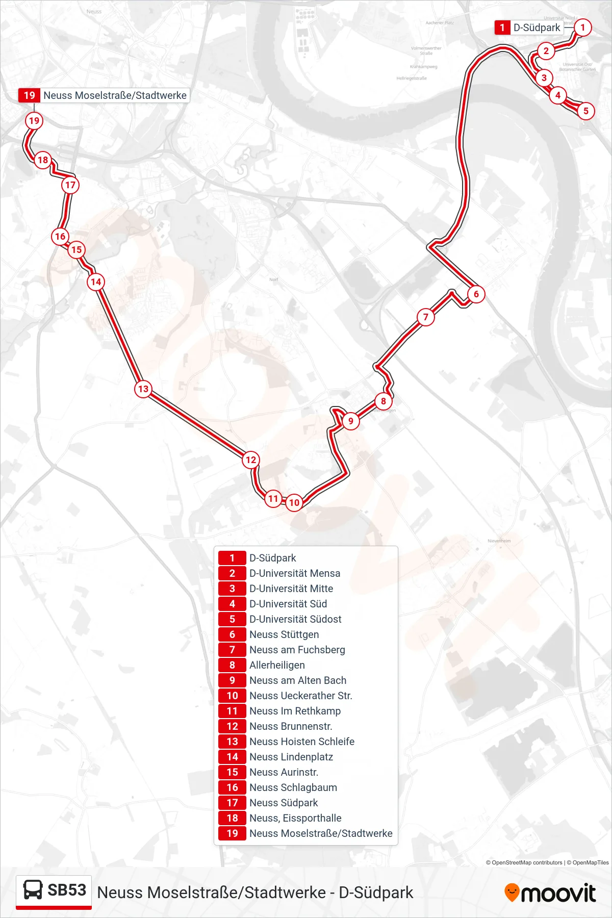 Linie SB53 (Bus) Richtung Neuss Moselstraße/Stadtwerke: Route und Haltestellen auf der Karte