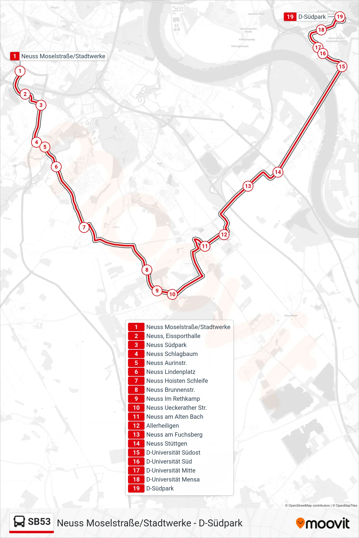 Linie SB53 (Bus) Richtung D-Südpark: Route und Haltestellen auf der Karte