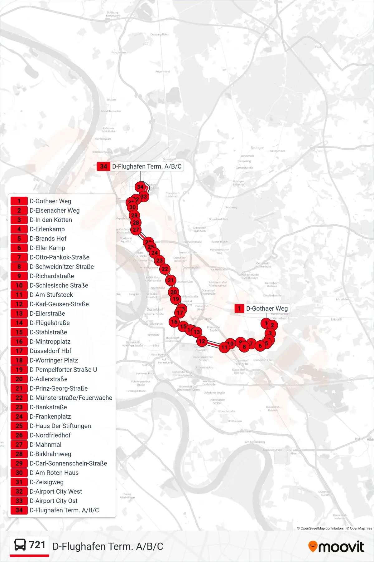 721 bus Line (D-Flughafen Term. A/B/C) route and stops on a map