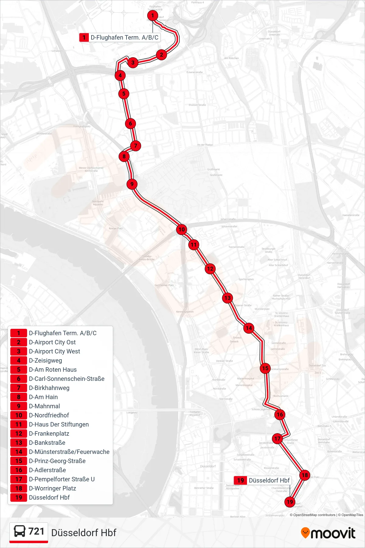Linie 721 (Bus) Richtung Düsseldorf Hbf: Route und Haltestellen auf der Karte