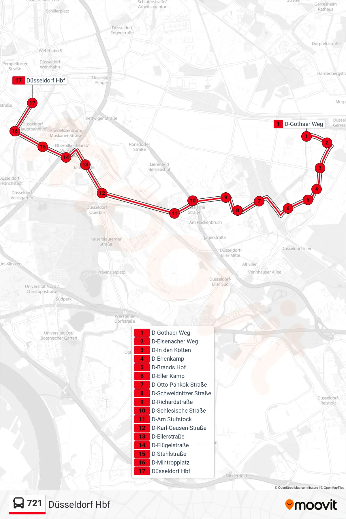 Linie 721 (Bus) Richtung Düsseldorf Hbf: Route und Haltestellen auf der Karte