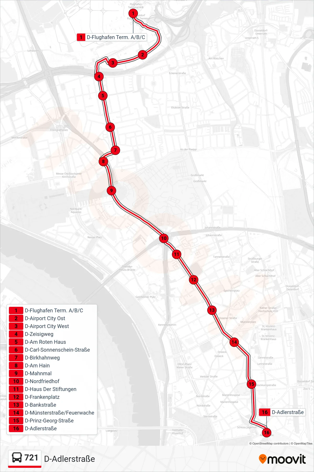 721 bus Line (D-Adlerstraße) route and stops on a map