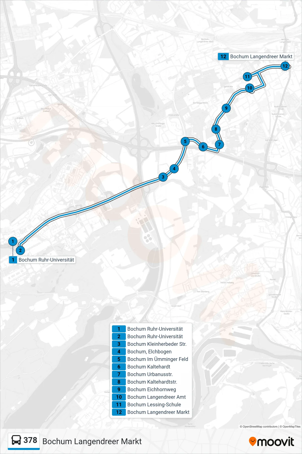 Linie 378 (Bus) Richtung Bochum Langendreer Markt: Route und Haltestellen auf der Karte