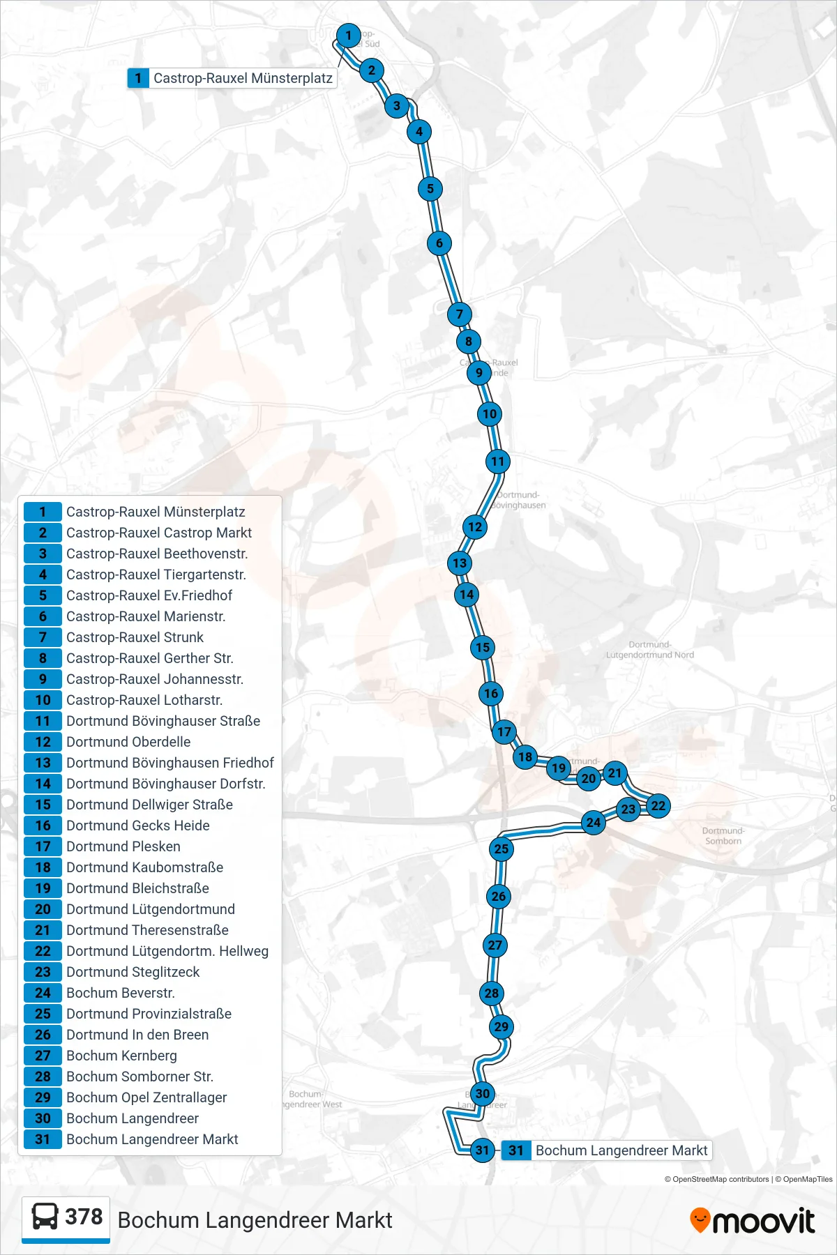 Linie 378 (Bus) Richtung Bochum Langendreer Markt: Route und Haltestellen auf der Karte