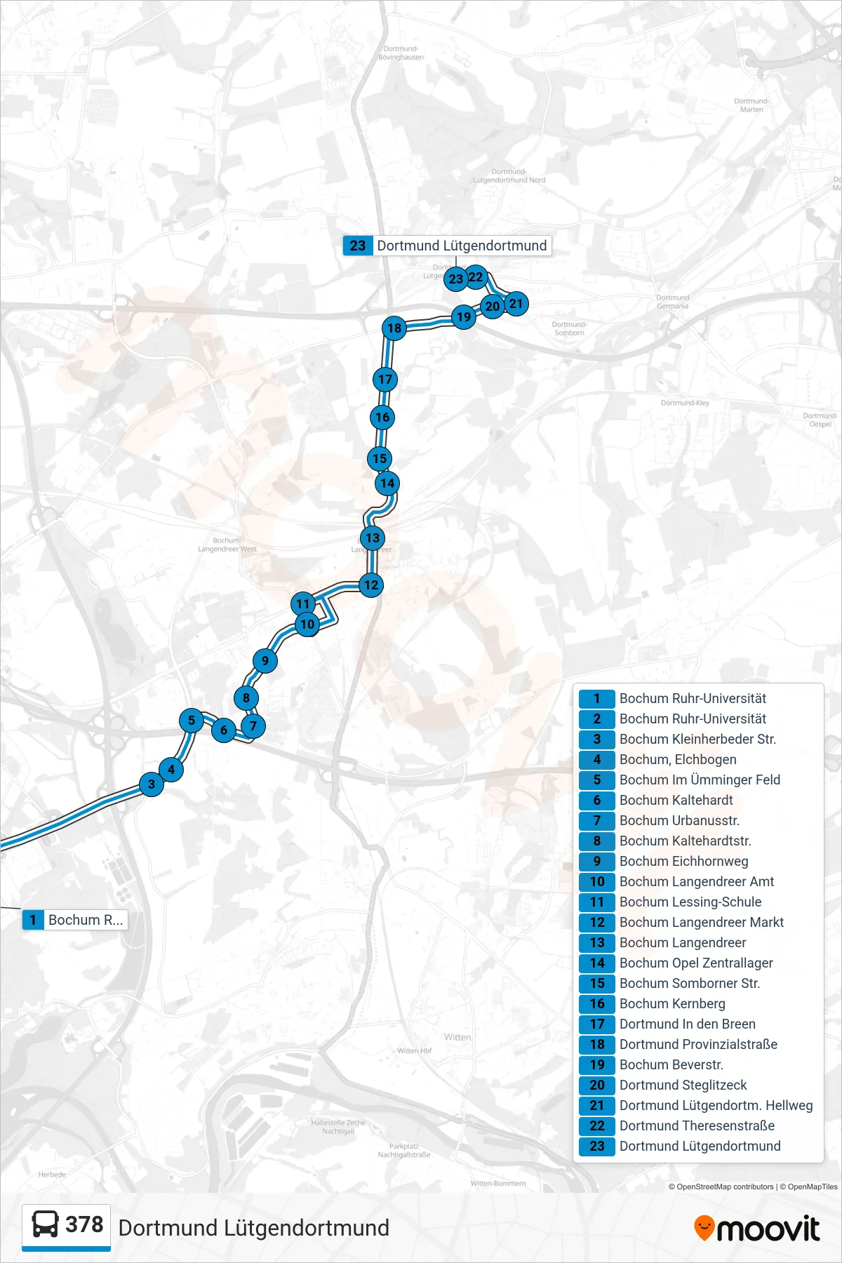 Linie 378 (Bus) Richtung Dortmund Lütgendortmund: Route und Haltestellen auf der Karte