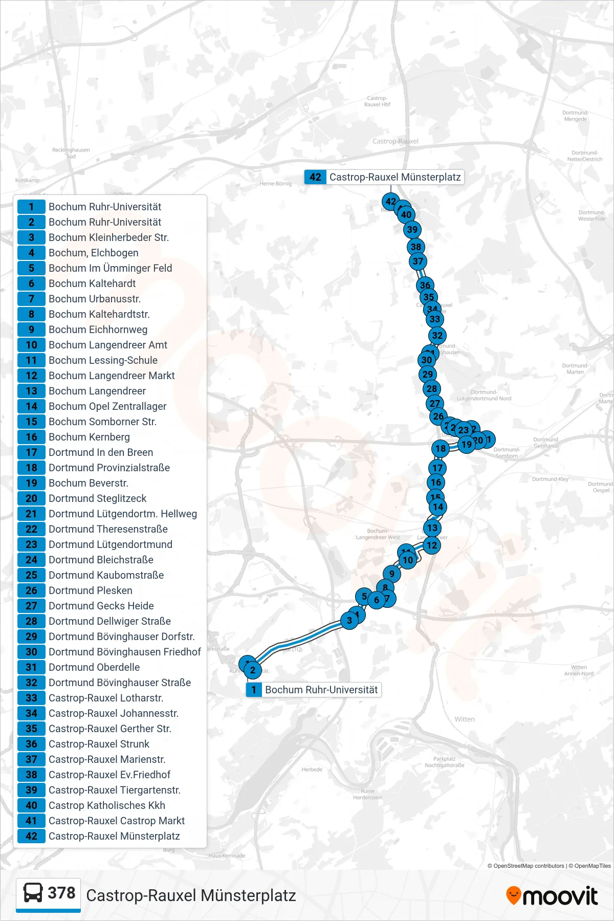 Linie 378 (Bus) Richtung Castrop-Rauxel Münsterplatz: Route und Haltestellen auf der Karte