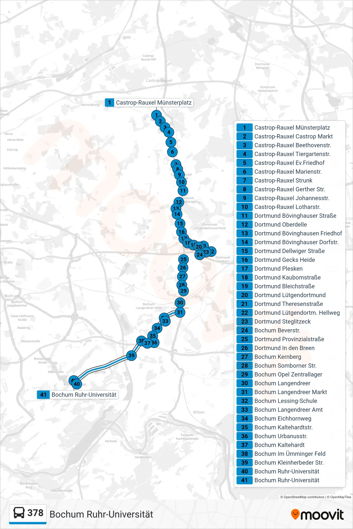 Linie 378 (Bus) Richtung Bochum Ruhr-Universität: Route und Haltestellen auf der Karte
