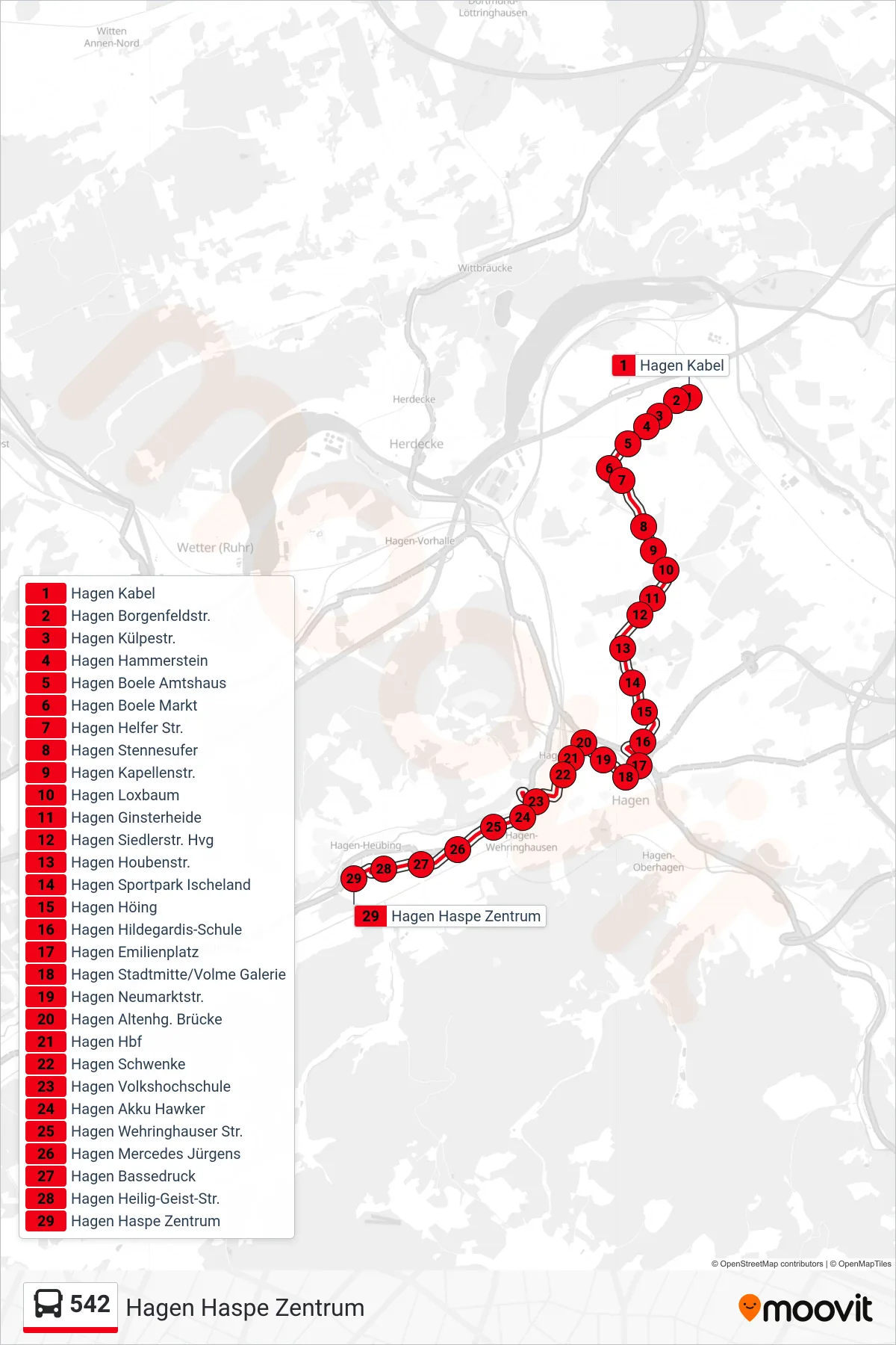 542 bus Line (Hagen Haspe Zentrum) route and stops on a map