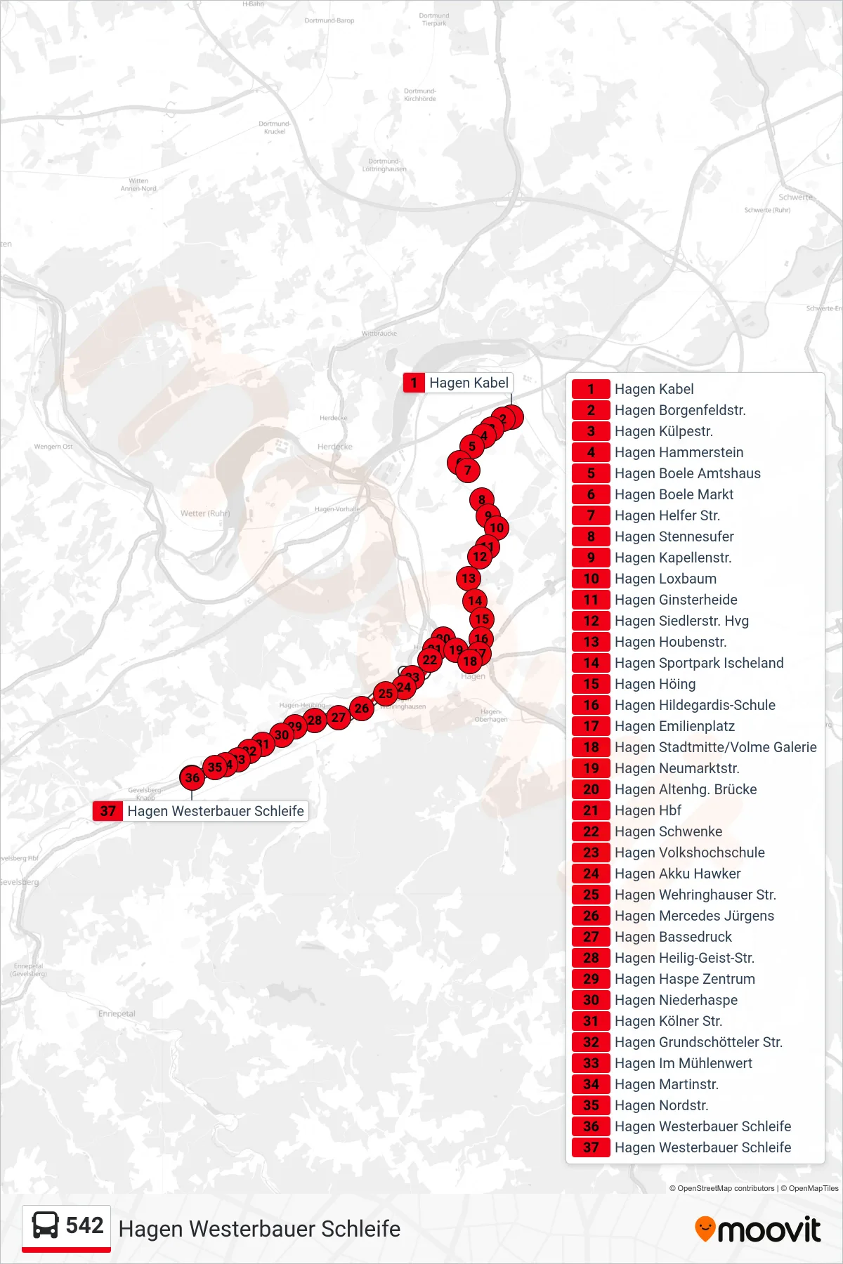 542 bus Line (Hagen Westerbauer Schleife) route and stops on a map