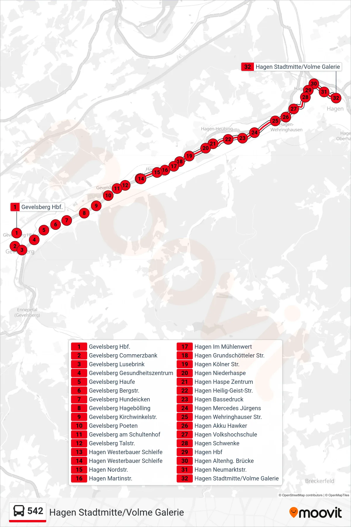 542 bus Line (Hagen Stadtmitte/Volme Galerie) route and stops on a map