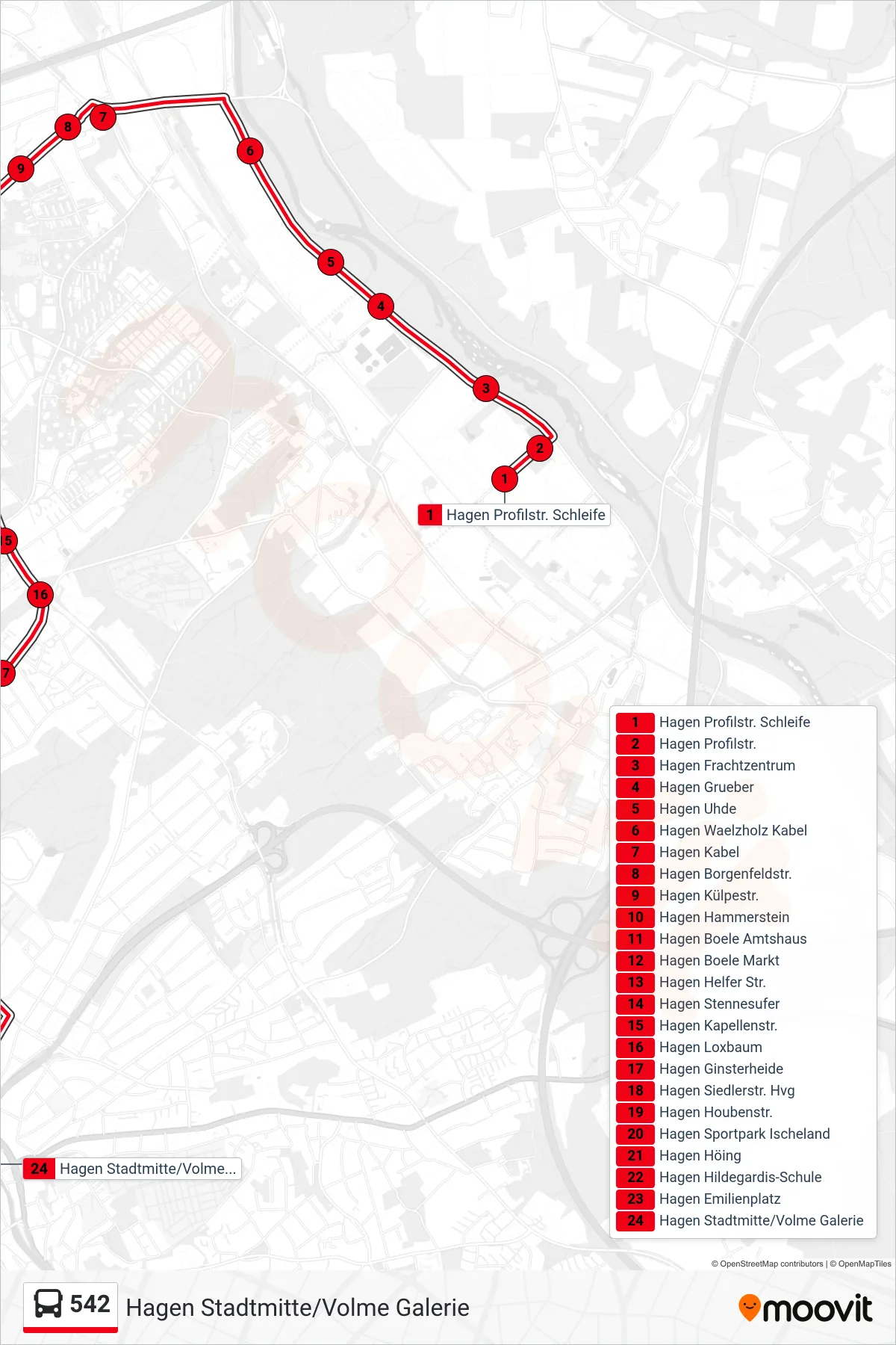 542 bus Line (Hagen Stadtmitte/Volme Galerie) route and stops on a map