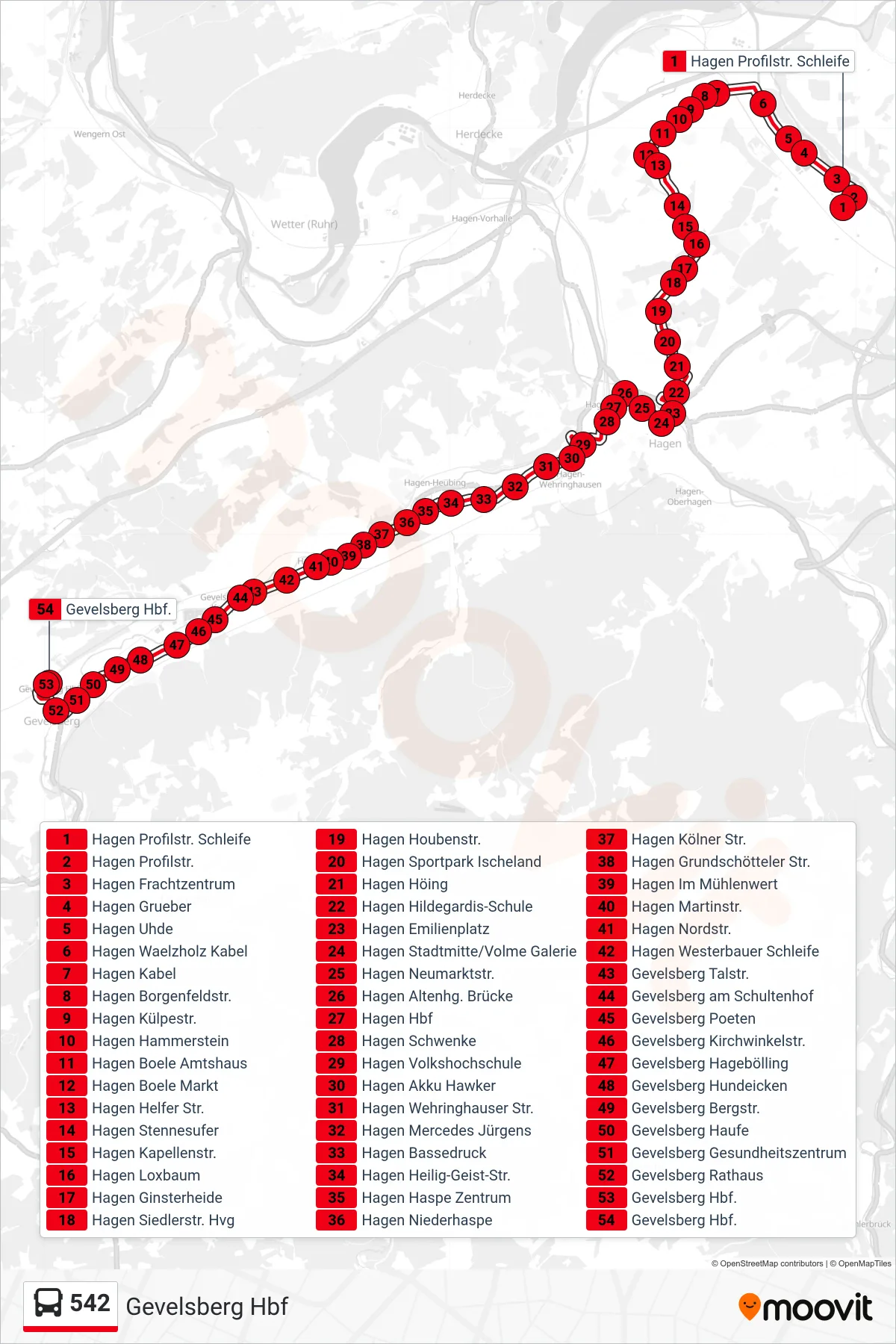542 bus Line (Gevelsberg Hbf) route and stops on a map