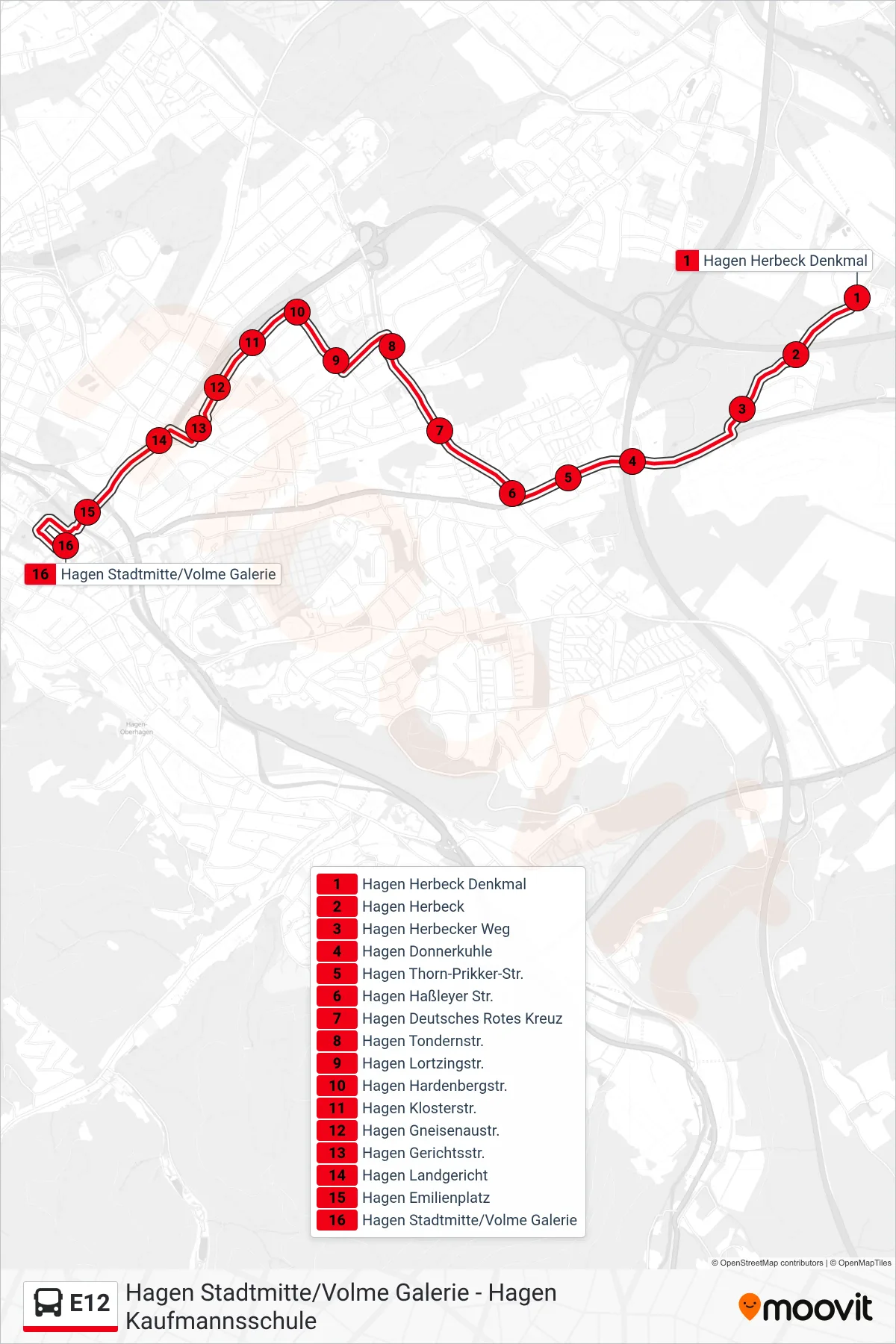 Linie E12 (Bus) Richtung Hagen Stadtmitte/Volme Galerie: Route und Haltestellen auf der Karte