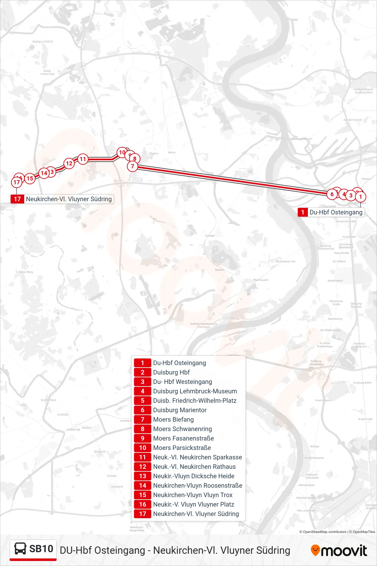 Linie SB10 (Bus) Richtung Neukirchen-Vl. Vluyner Südring: Route und Haltestellen auf der Karte